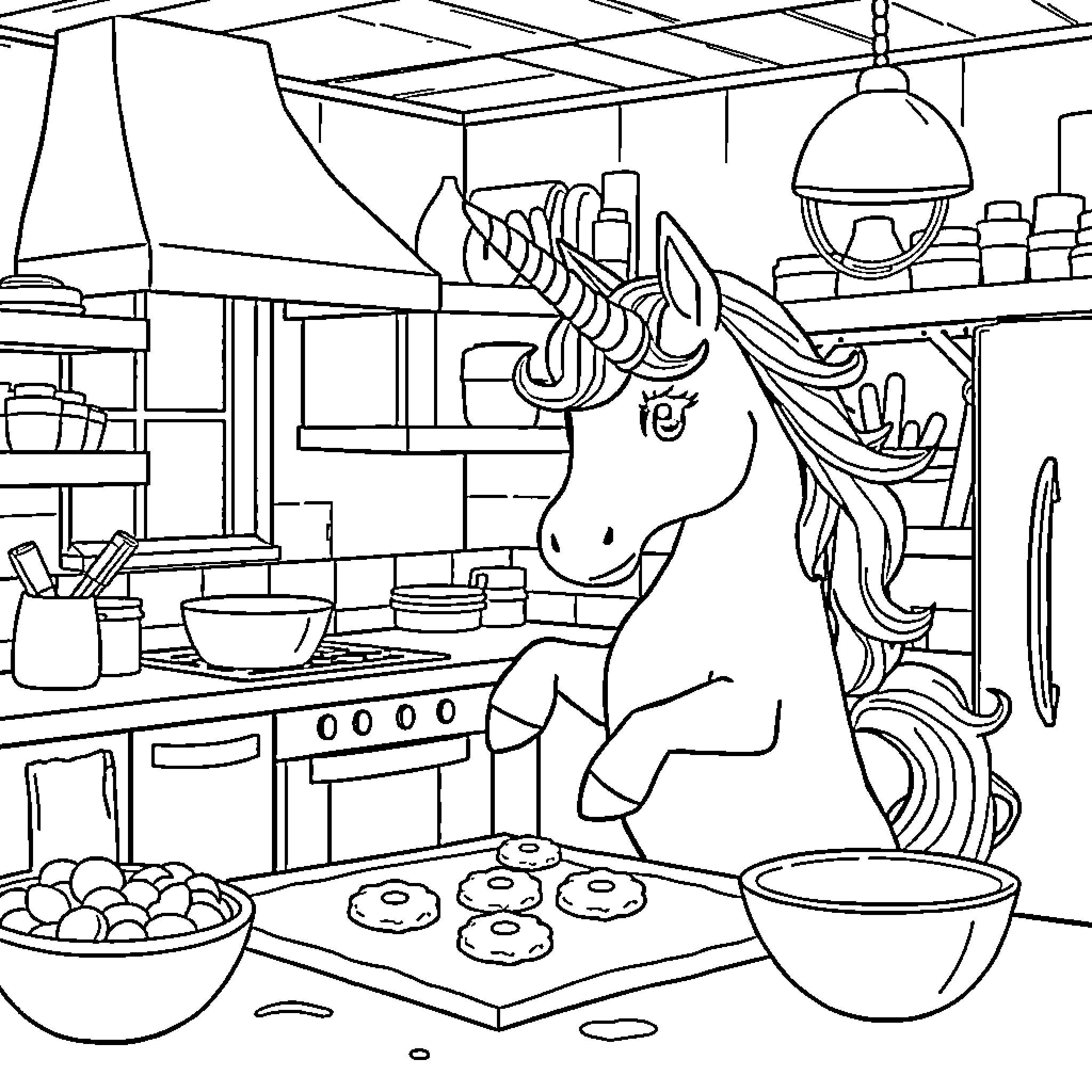 Unicorn cooking delightful treats in the kitchen Coloring Page (free black-and-white line drawing printable PDF for all, from beginners to advanced learners, including children, teens, adults, and seniors)