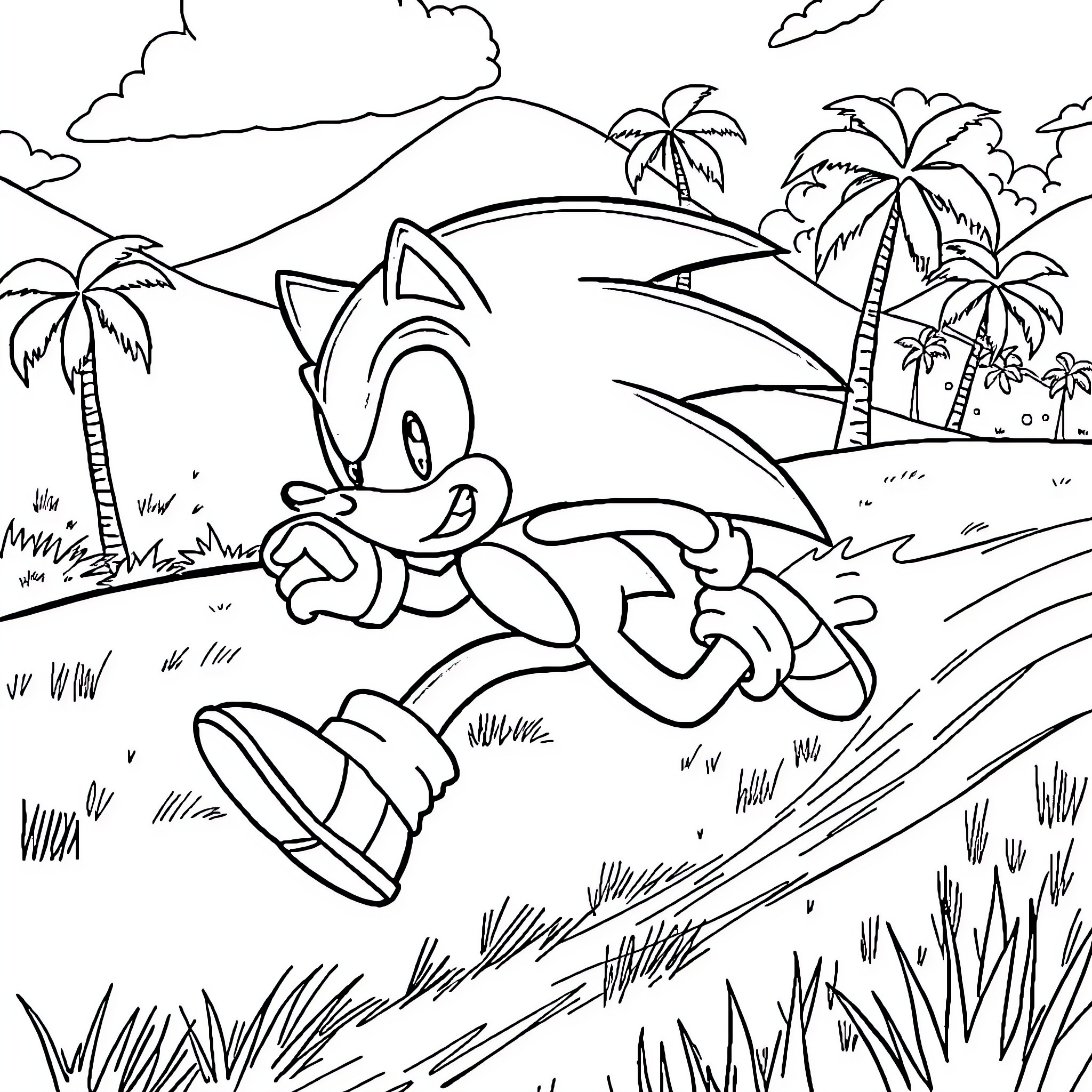 Sonic's Tropical Adventure Coloring Page (free black-and-white line drawing printable PDF for all, from beginners to advanced learners, including children, teens, adults, and seniors)