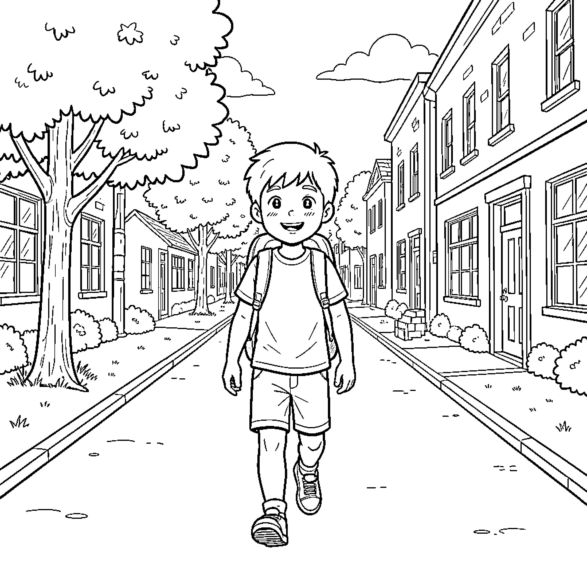 Boy walking on the street in a town Coloring Page (free black-and-white line drawing printable PDF for all, from beginners to advanced learners, including children, teens, adults, and seniors)