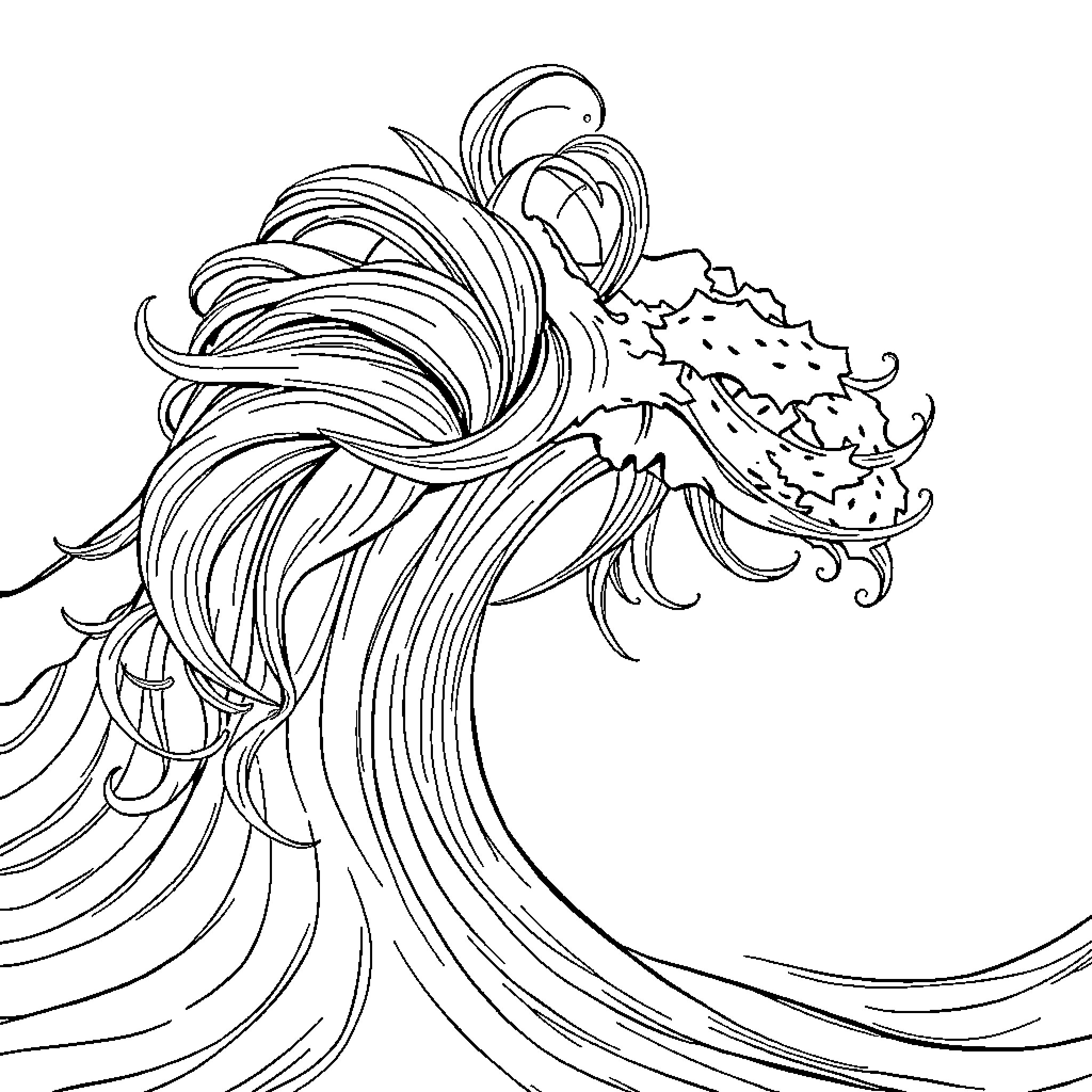 Curly Hair Flowing Gracefully in the Wind Coloring Page (free black-and-white line drawing printable PDF for all, from beginners to advanced learners, including children, teens, adults, and seniors)