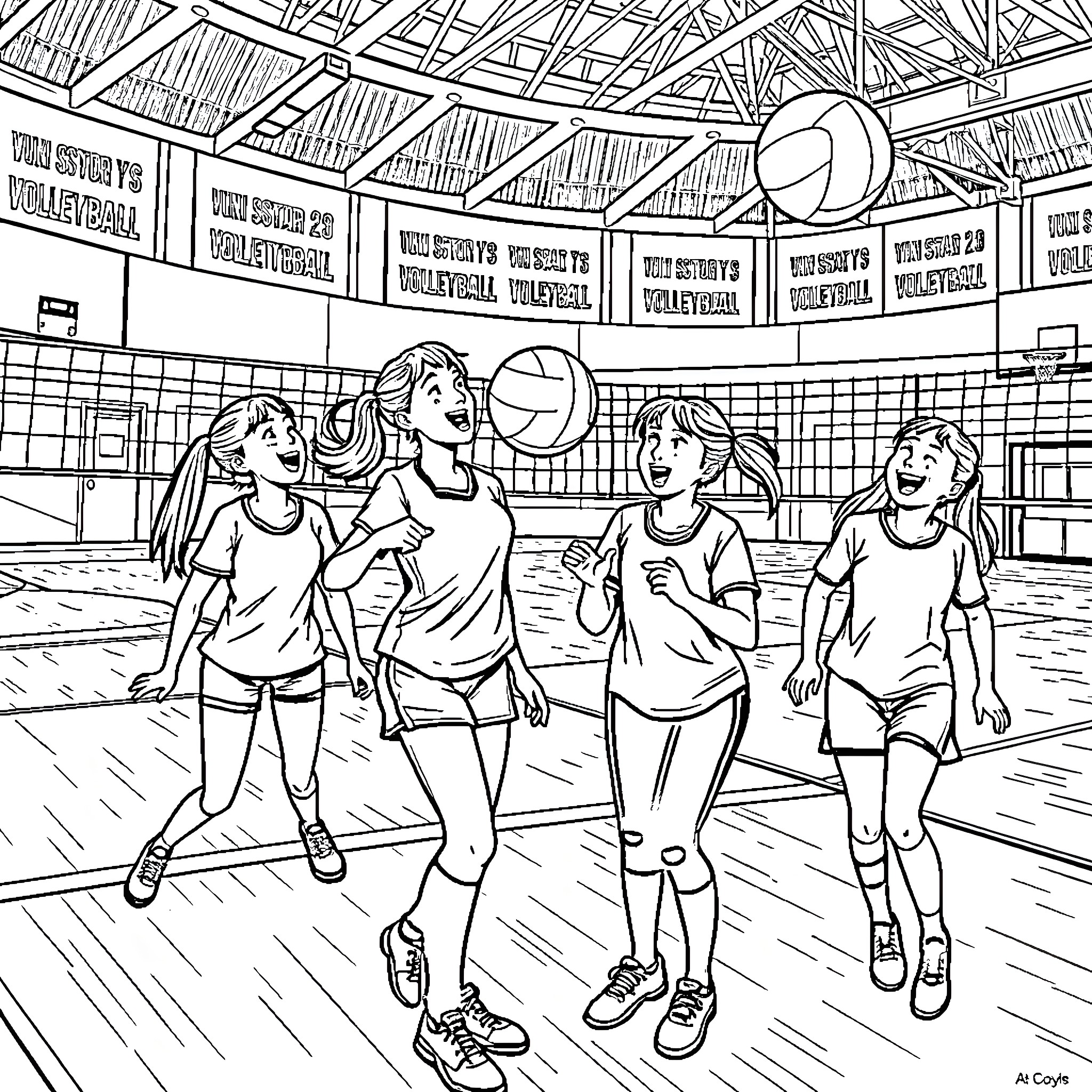 Girls playing volleyball in the gymnasium Coloring Page (free black-and-white line drawing printable PDF for all, from beginners to advanced learners, including children, teens, adults, and seniors)