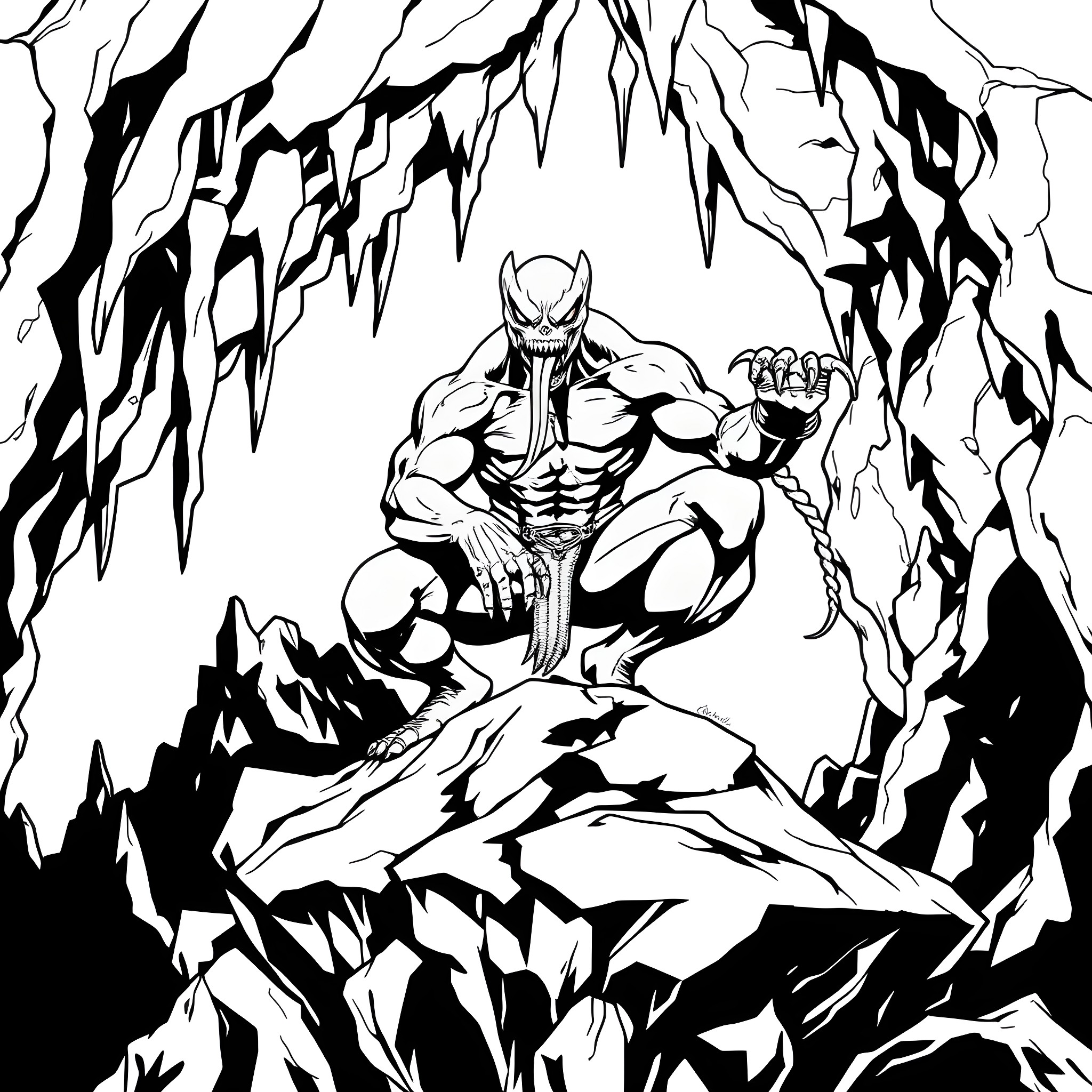 Venom emerging from a dark and treacherous cave Coloring Page (free black-and-white line drawing printable PDF for all, from beginners to advanced learners, including children, teens, adults, and seniors)