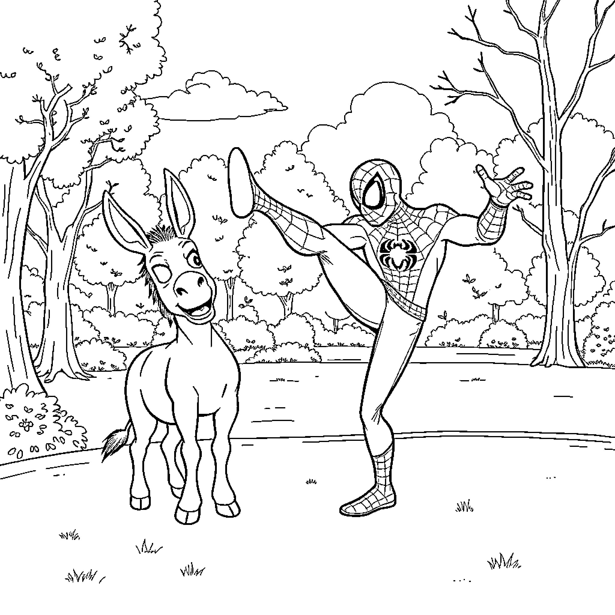 Spiderman Interacting with Friendly Donkey in Nature Coloring Page (free black-and-white line drawing printable PDF for all, from beginners to advanced learners, including children, teens, adults, and seniors)