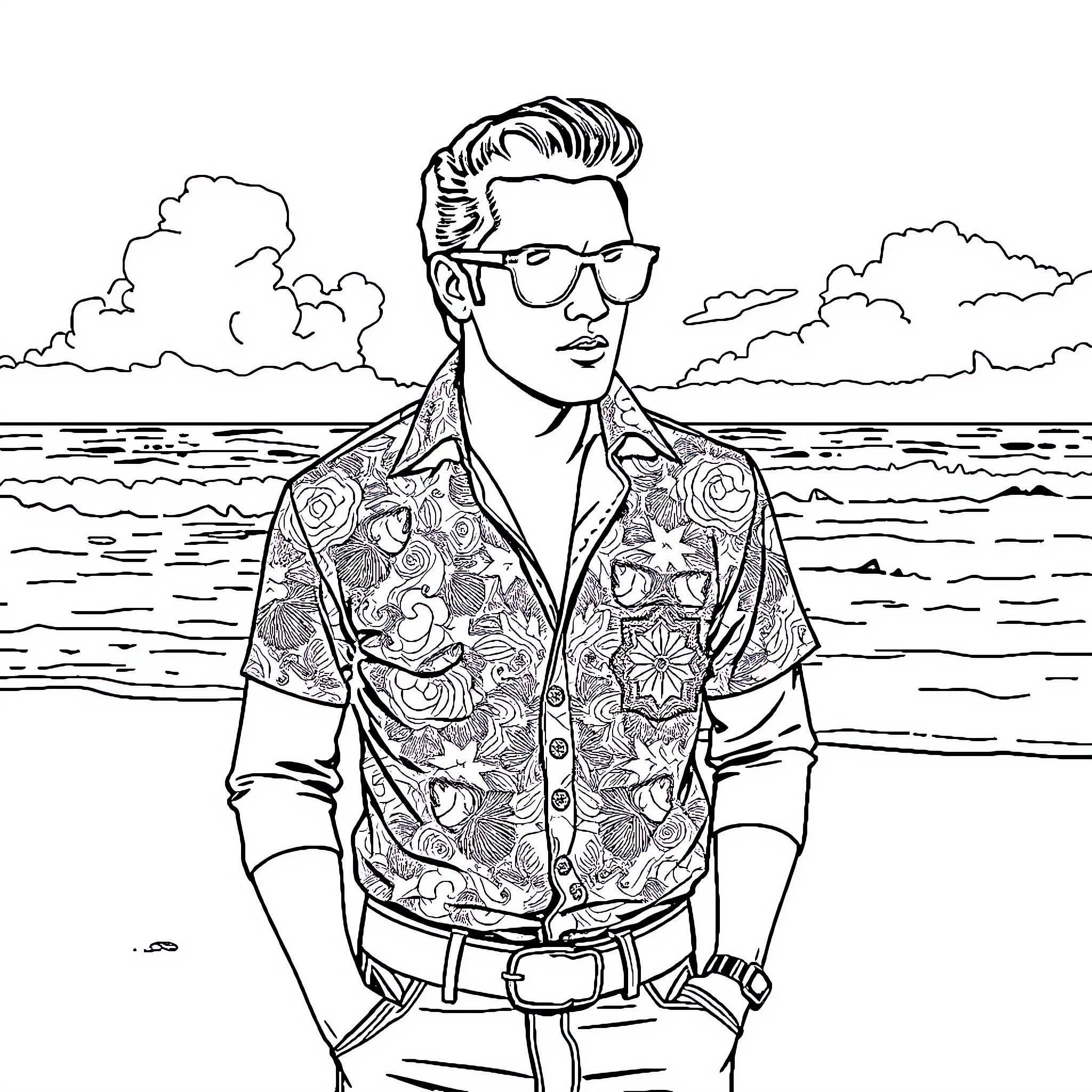 Elvis Presley in a stylized tropical outfit on the beach Coloring Page (free black-and-white line drawing printable PDF for all, from beginners to advanced learners, including children, teens, adults, and seniors)