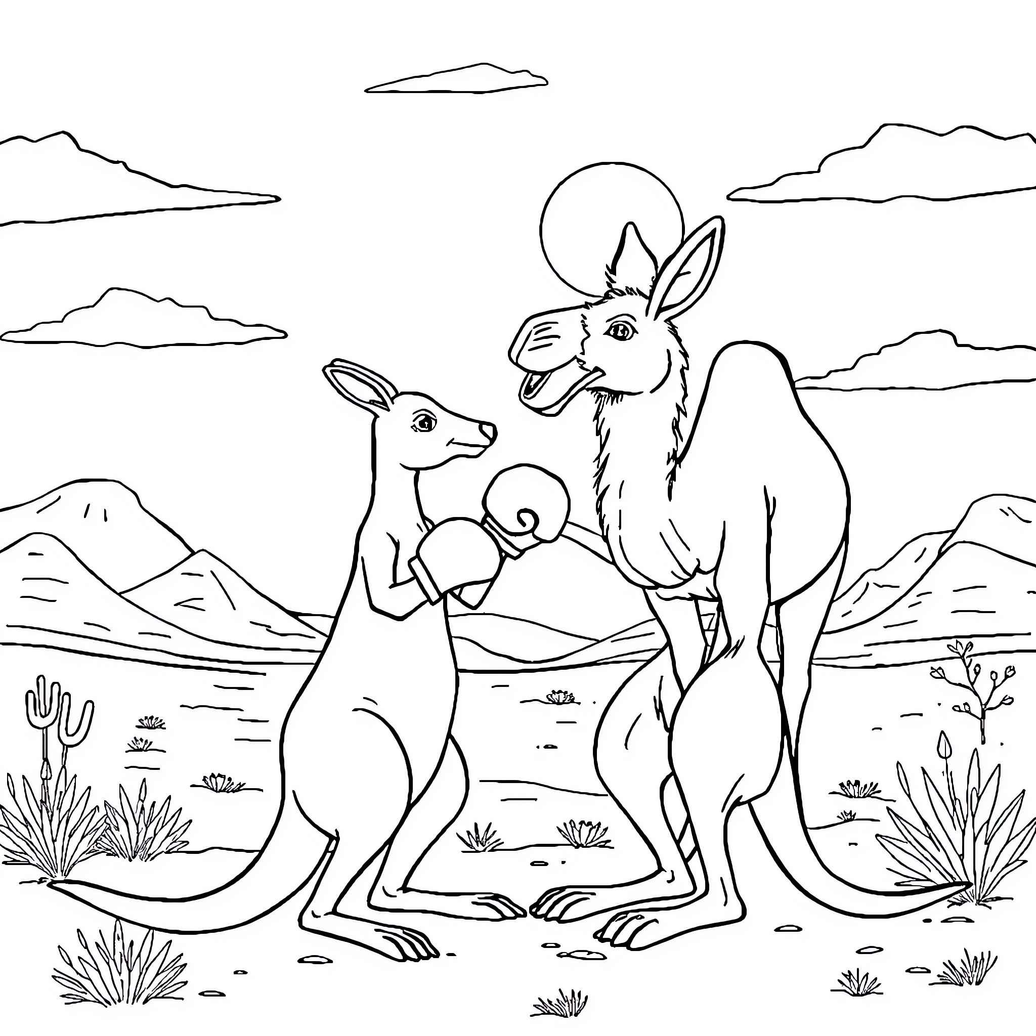 Kangaroos playing in the desert landscape Coloring Page (free black-and-white line drawing printable PDF for all, from beginners to advanced learners, including children, teens, adults, and seniors)