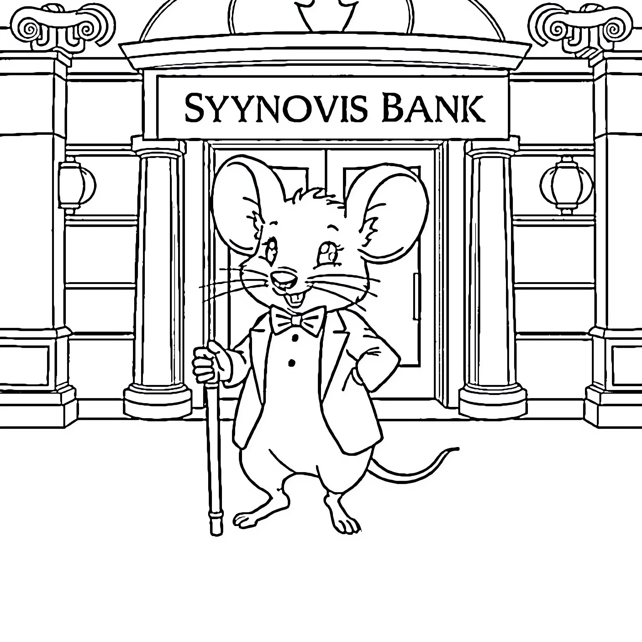 Mouse banker in suit outside Syy novis Bank Coloring Page (free black-and-white line drawing printable PDF for all, from beginners to advanced learners, including children, teens, adults, and seniors)