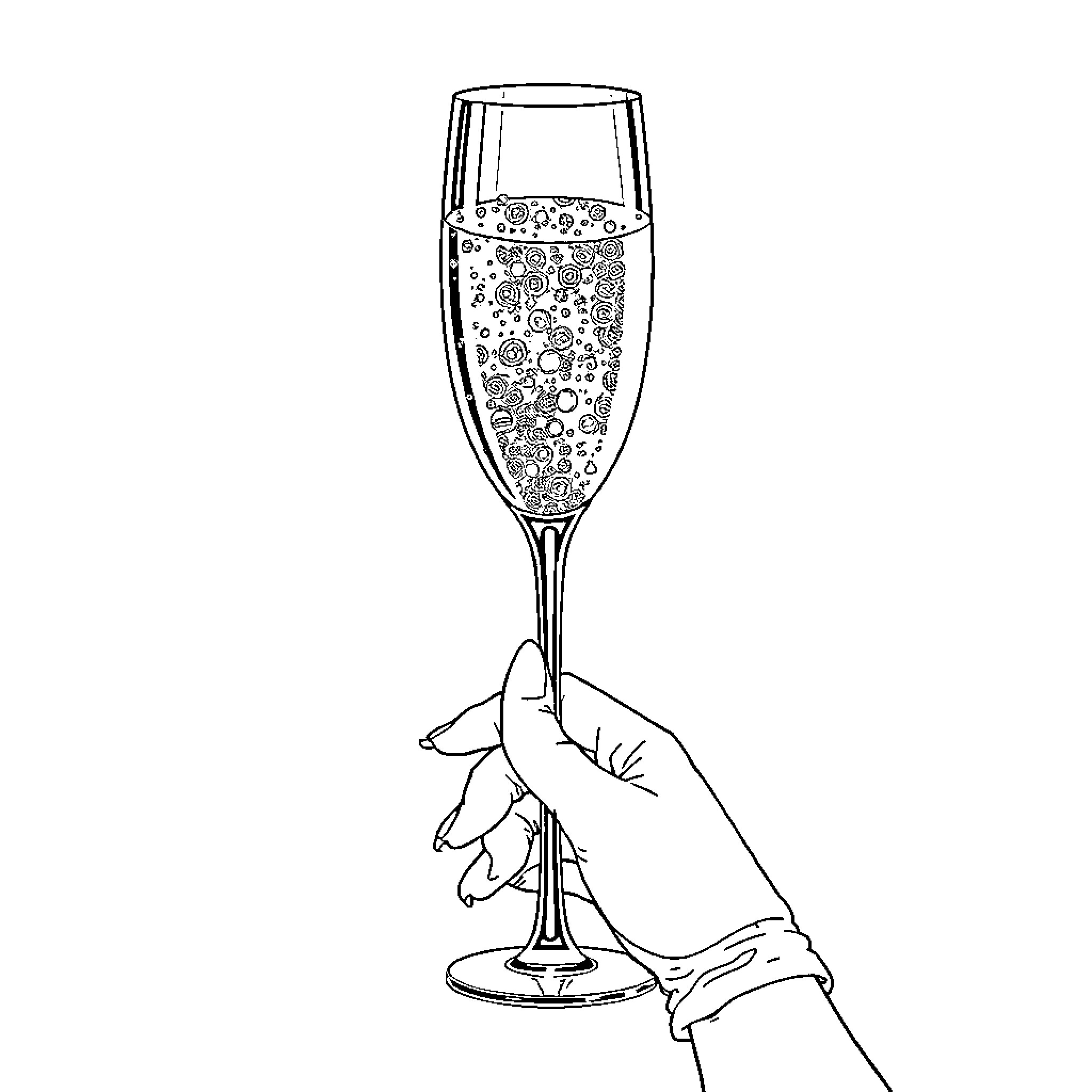 Hand holding a glass of celebratory champagne Coloring Page (free black-and-white line drawing printable PDF for all, from beginners to advanced learners, including children, teens, adults, and seniors)