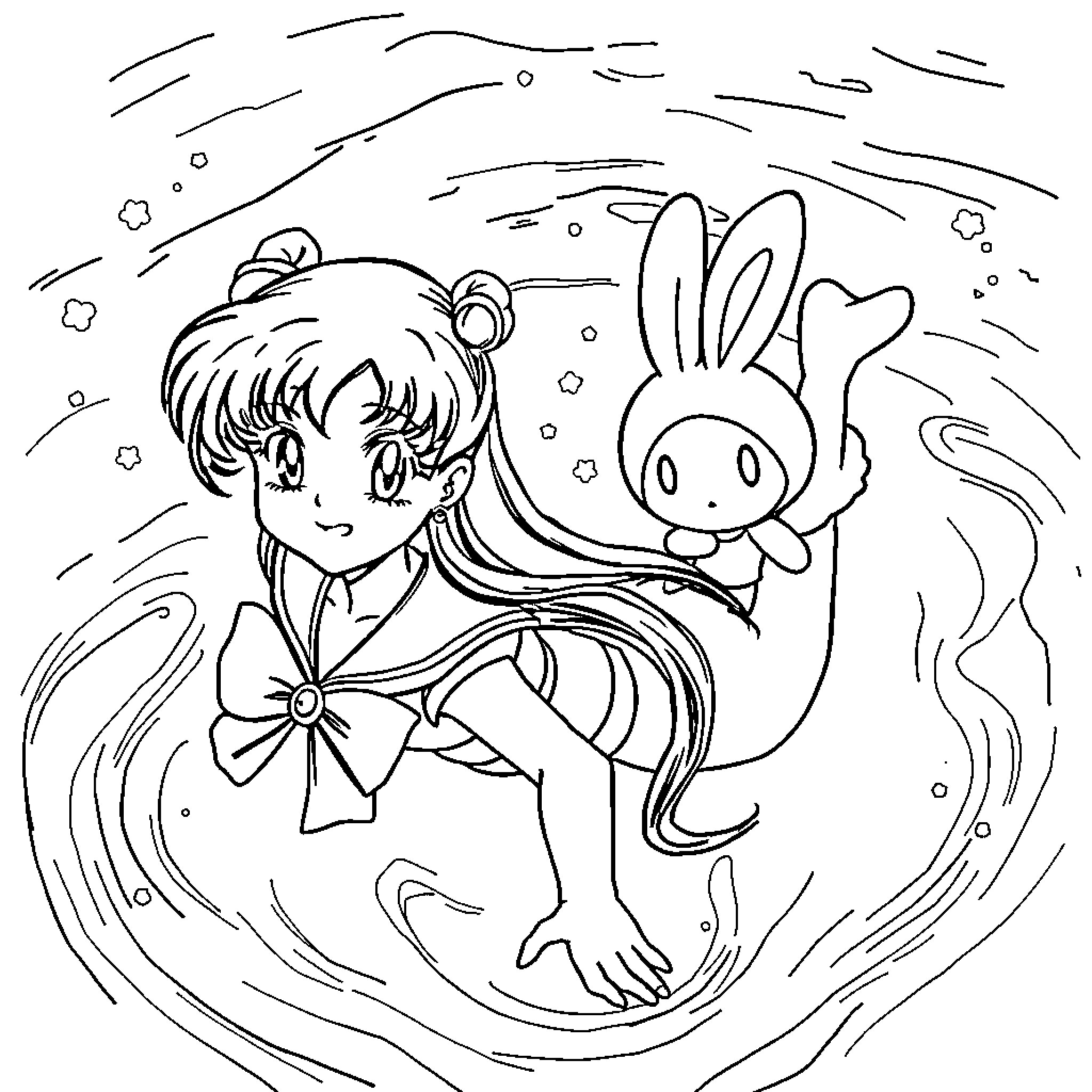 Sailor Mars with Playful Bunny Companion Coloring Page (free black-and-white line drawing printable PDF for all, from beginners to advanced learners, including children, teens, adults, and seniors)