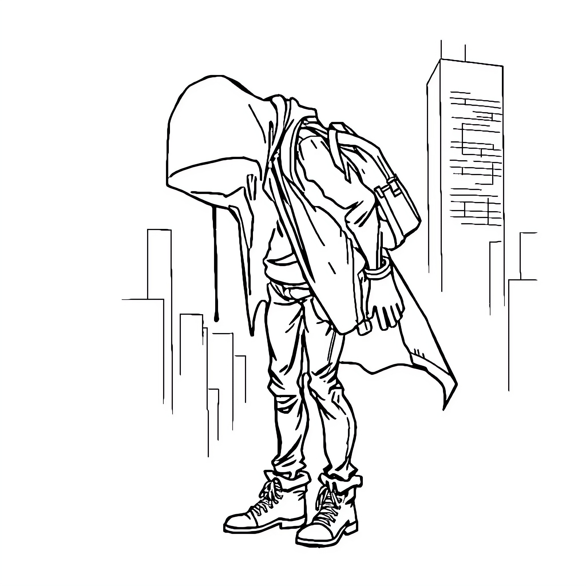 Shadow Figure Navigating the City Coloring Page (free black-and-white line drawing printable PDF for all, from beginners to advanced learners, including children, teens, adults, and seniors)