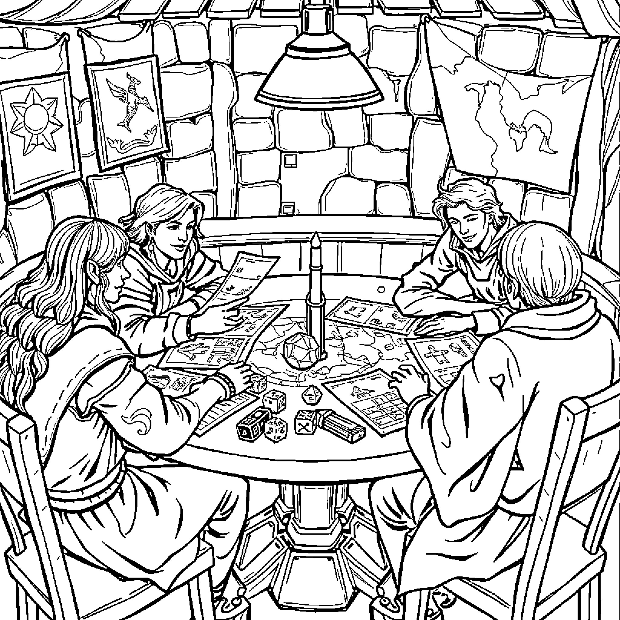 Dungeon Dwellers Gathered Around Ornate Table Coloring Page (free black-and-white line drawing printable PDF for all, from beginners to advanced learners, including children, teens, adults, and seniors)