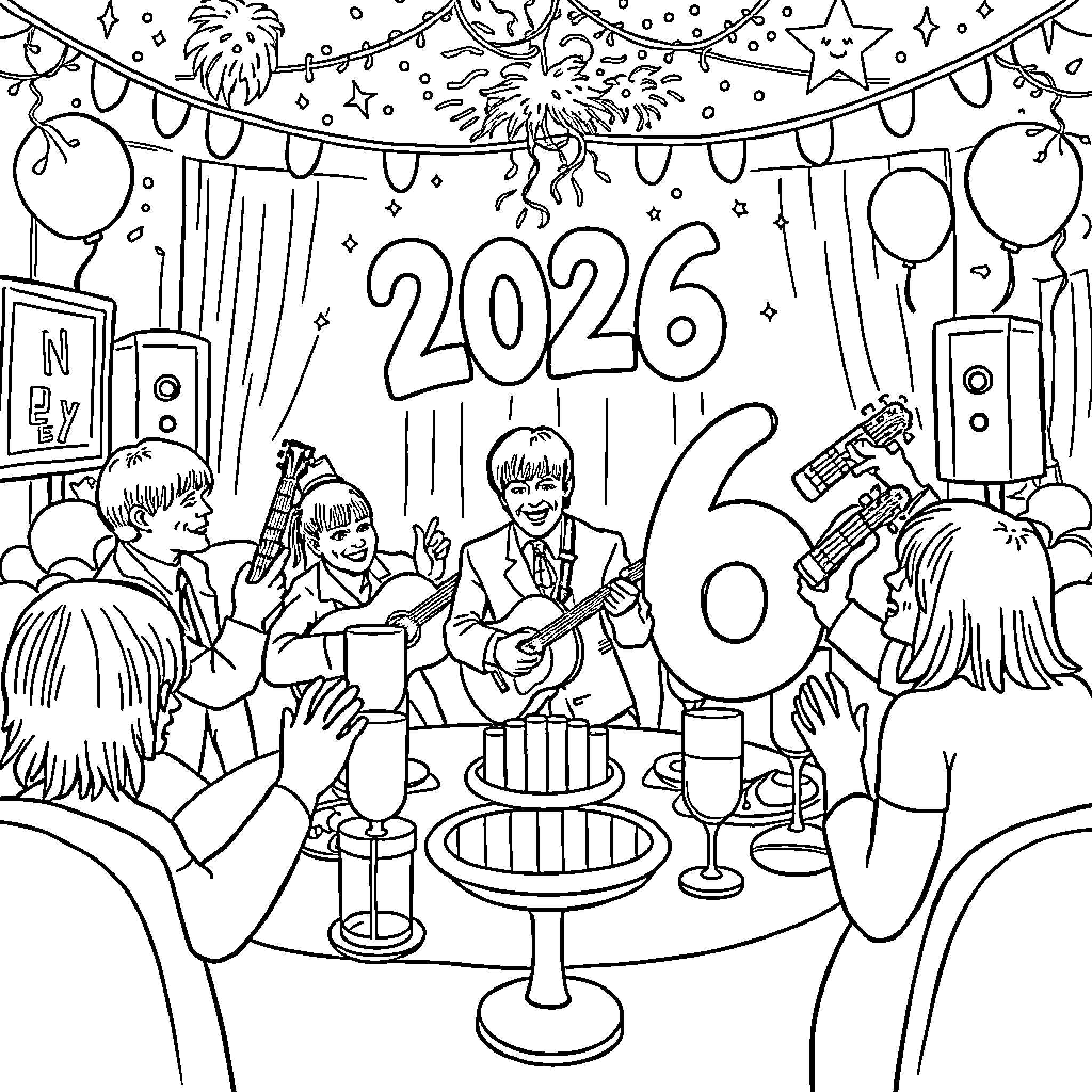 Beatles Celebrate New Year's Eve Party Coloring Page (free black-and-white line drawing printable PDF for all, from beginners to advanced learners, including children, teens, adults, and seniors)