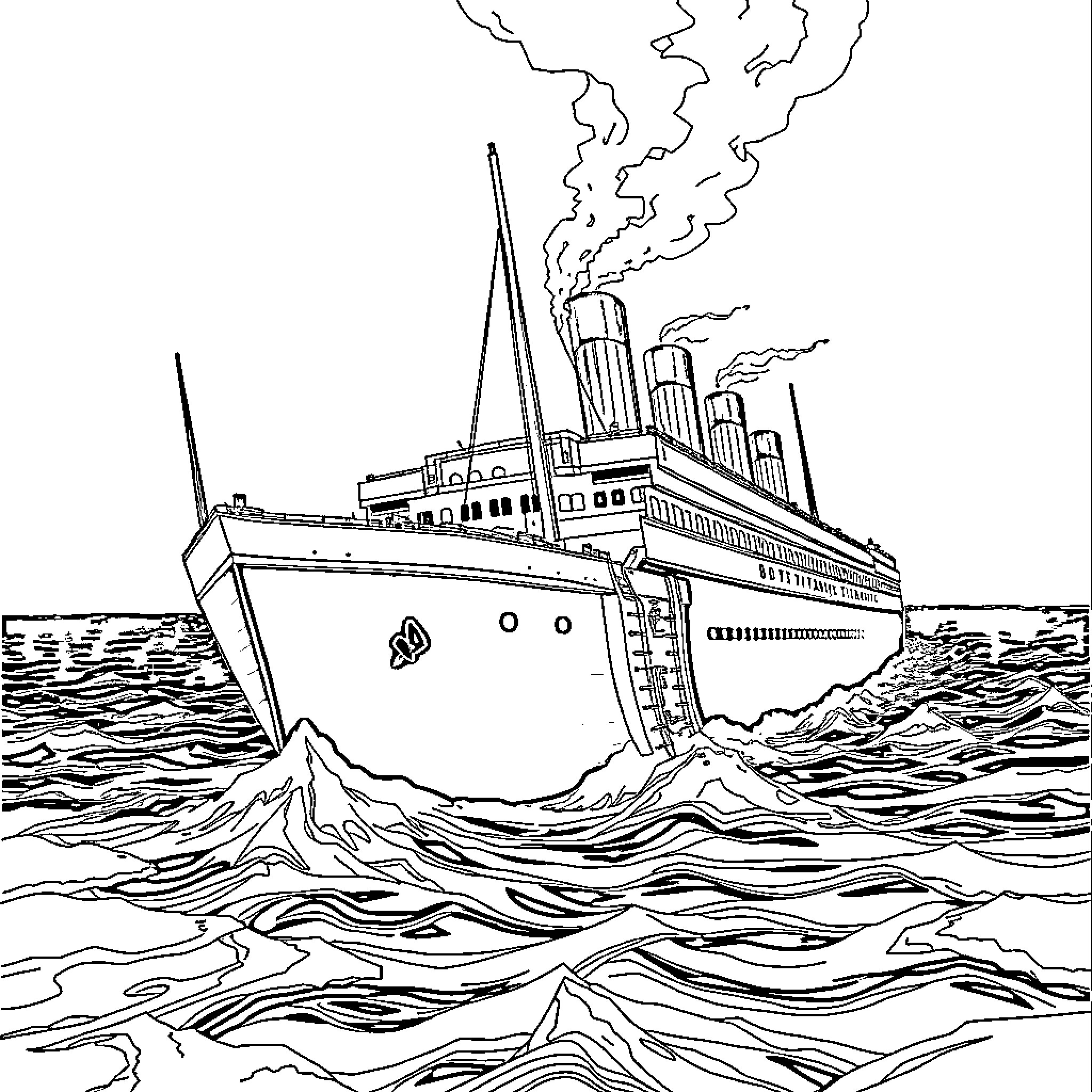 Titanic sailing through the stormy seas Coloring Page (free black-and-white line drawing printable PDF for all, from beginners to advanced learners, including children, teens, adults, and seniors)