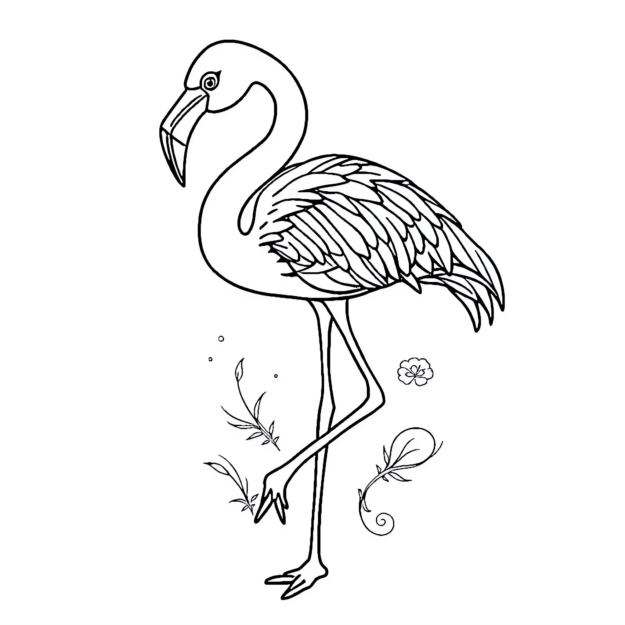 Flamingo standing gracefully amidst flowers and foliage Coloring Page (free black-and-white line drawing printable PDF for all, from beginners to advanced learners, including children, teens, adults, and seniors)