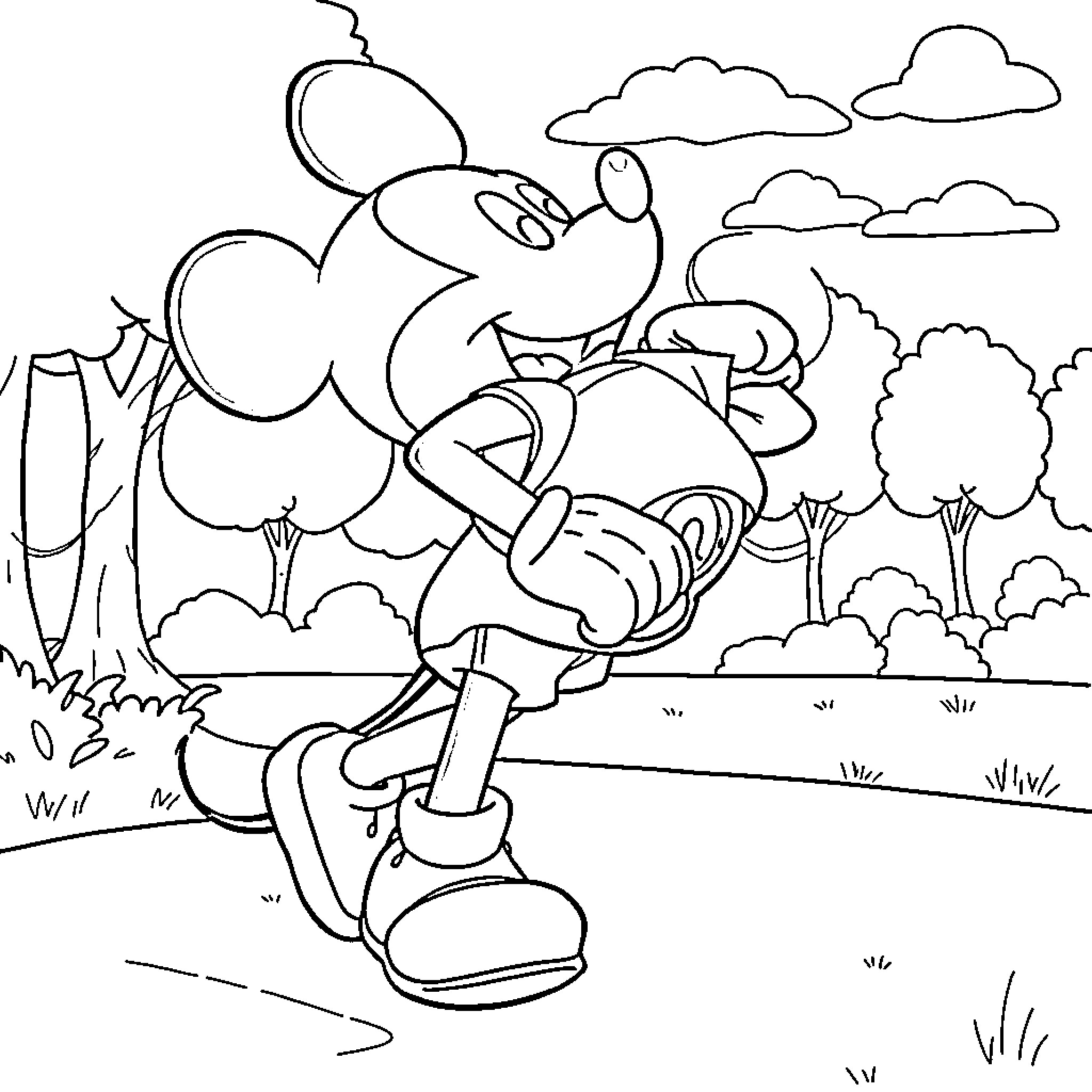Mickey Mouse skipping joyfully in the countryside Coloring Page (free black-and-white line drawing printable PDF for all, from beginners to advanced learners, including children, teens, adults, and seniors)