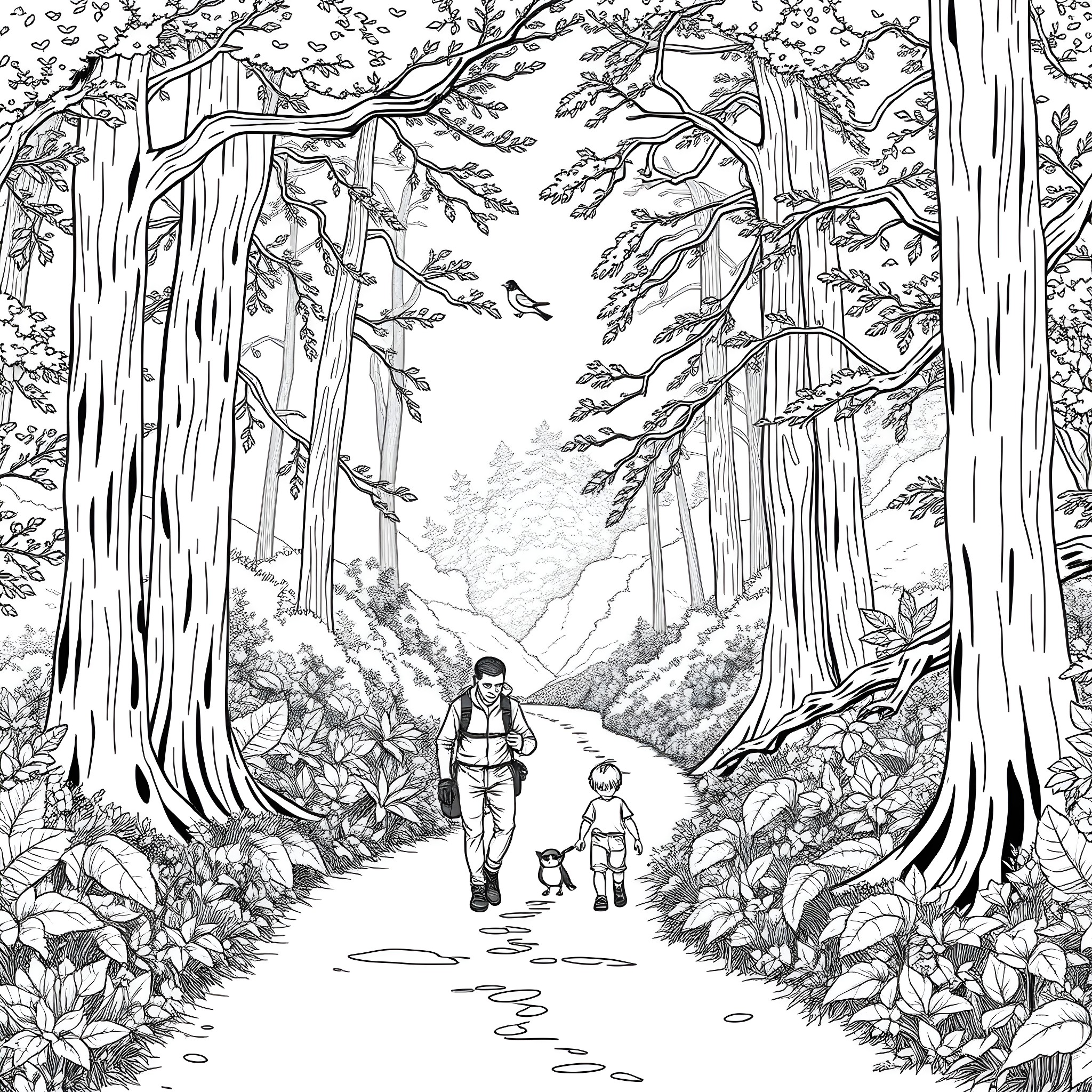 Father and child explore enchanted forest Coloring Page (free black-and-white line drawing printable PDF for all, from beginners to advanced learners, including children, teens, adults, and seniors)