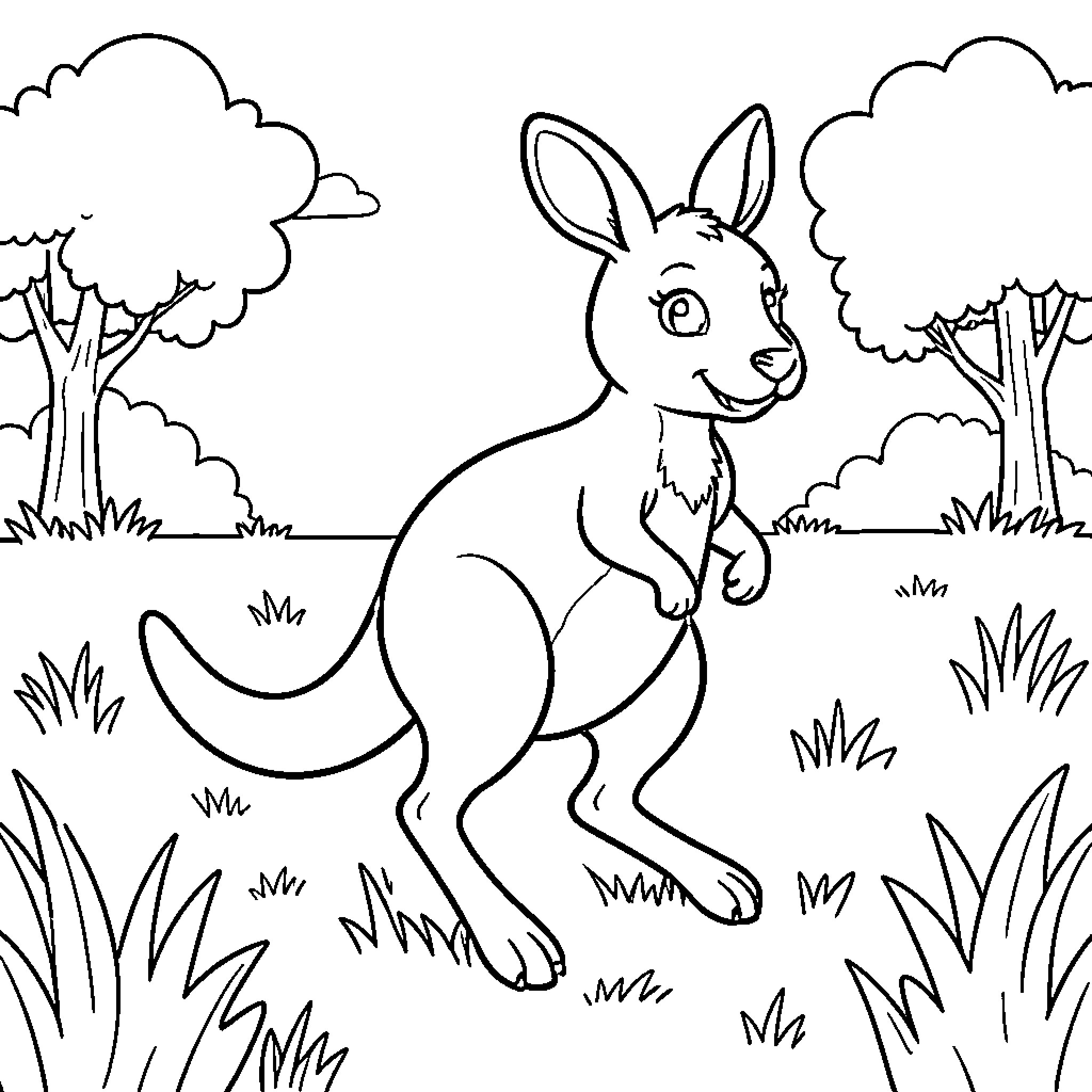 Kangaroo hopping in a lush forest Coloring Page (free black-and-white line drawing printable PDF for all, from beginners to advanced learners, including children, teens, adults, and seniors)