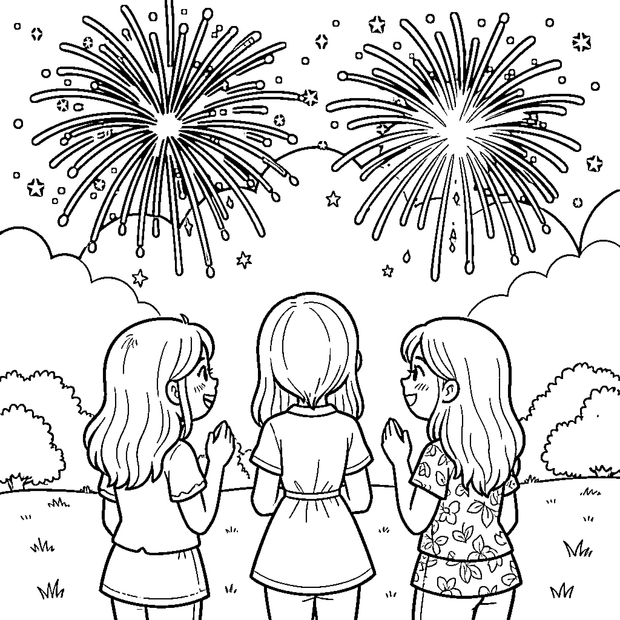 Fille watching spectacular fireworks in the night sky Coloring Page (free black-and-white line drawing printable PDF for all, from beginners to advanced learners, including children, teens, adults, and seniors)