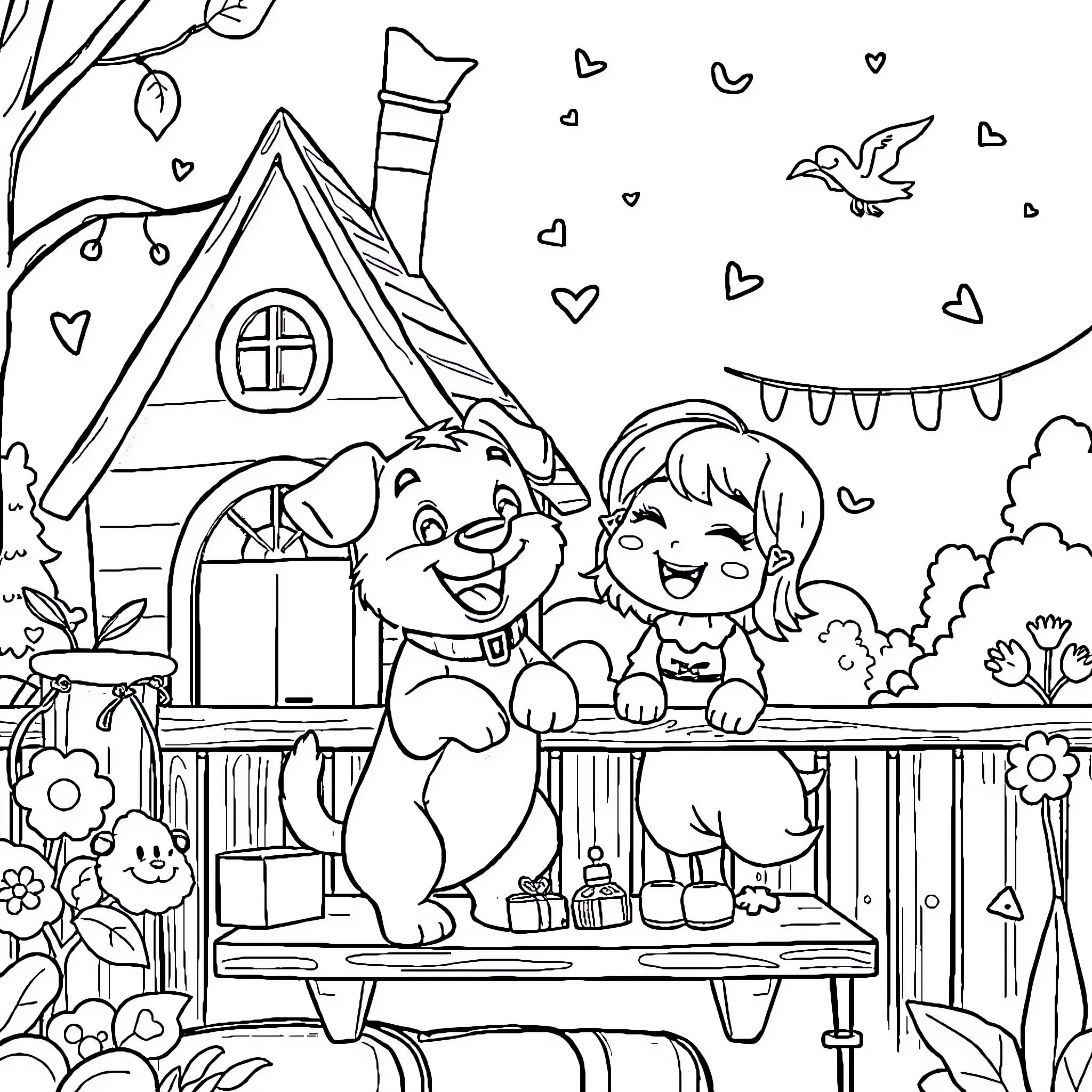 Bluey and friends play happily in the backyard Coloring Page (free black-and-white line drawing printable PDF for all, from beginners to advanced learners, including children, teens, adults, and seniors)