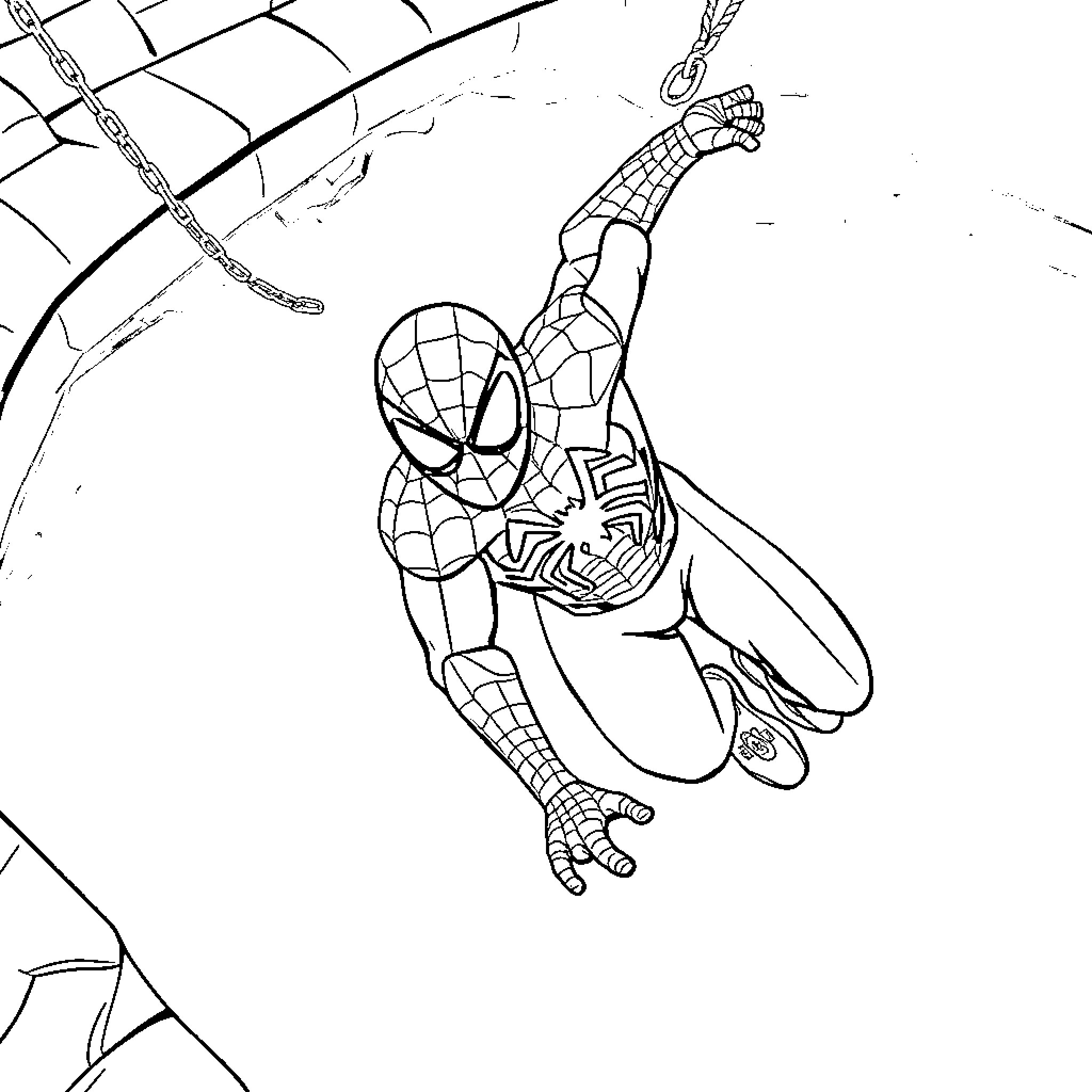 Spider-Man swinging through the city Coloring Page (free black-and-white line drawing printable PDF for all, from beginners to advanced learners, including children, teens, adults, and seniors)