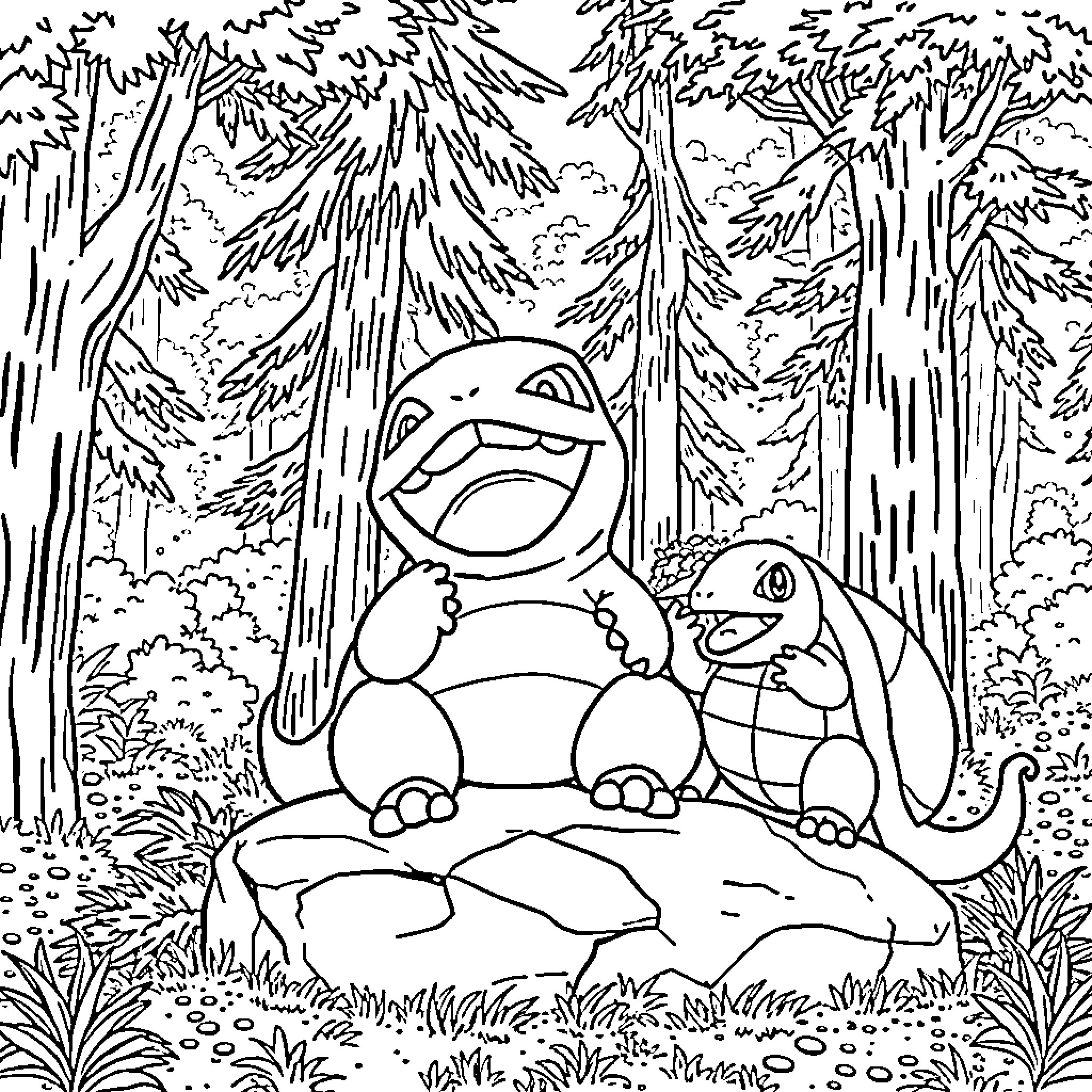 Bulbasaur relaxing with friends in the forest Coloring Page (free black-and-white line drawing printable PDF for all, from beginners to advanced learners, including children, teens, adults, and seniors)