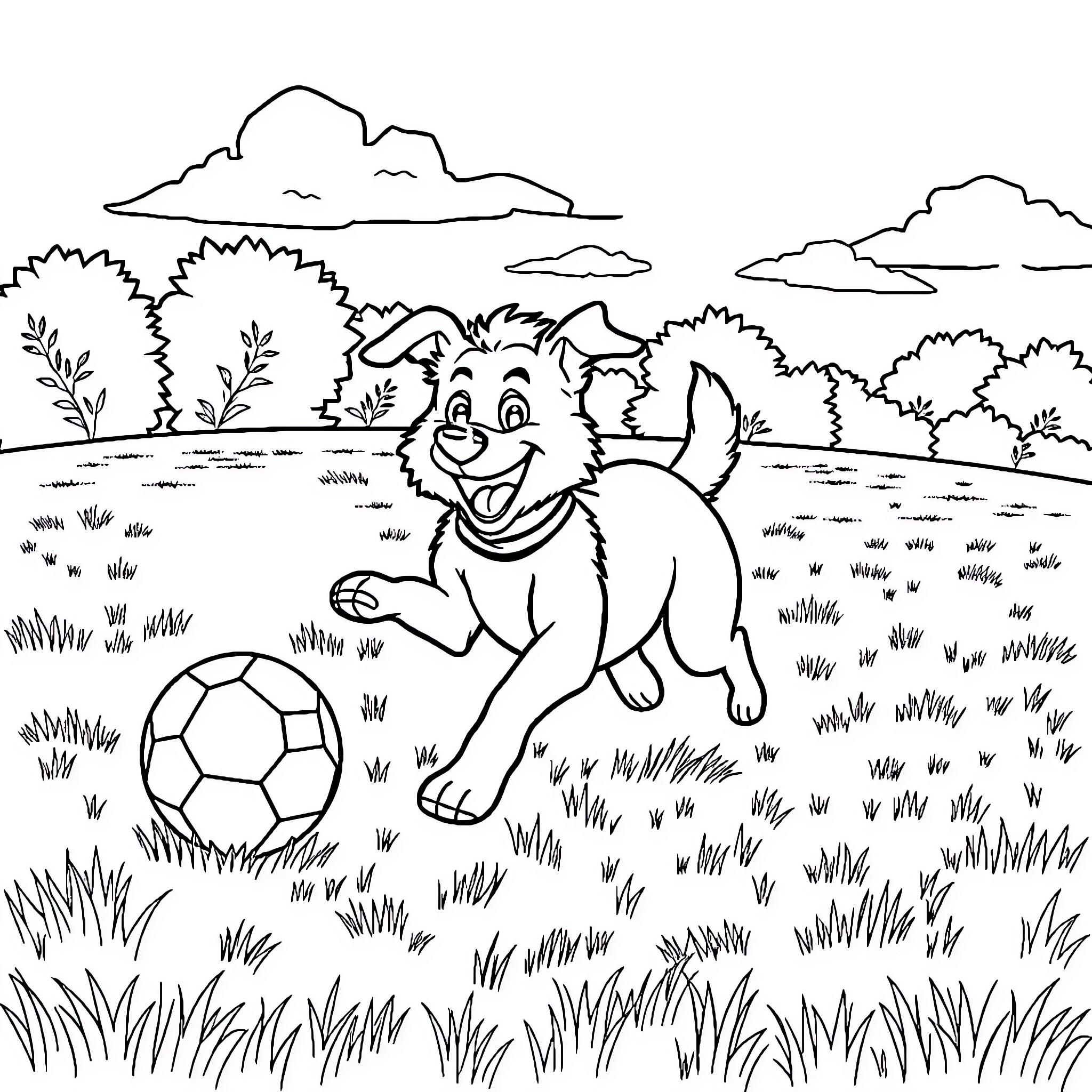 Dog playing happily with a soccer ball in the park Coloring Page (free black-and-white line drawing printable PDF for all, from beginners to advanced learners, including children, teens, adults, and seniors)