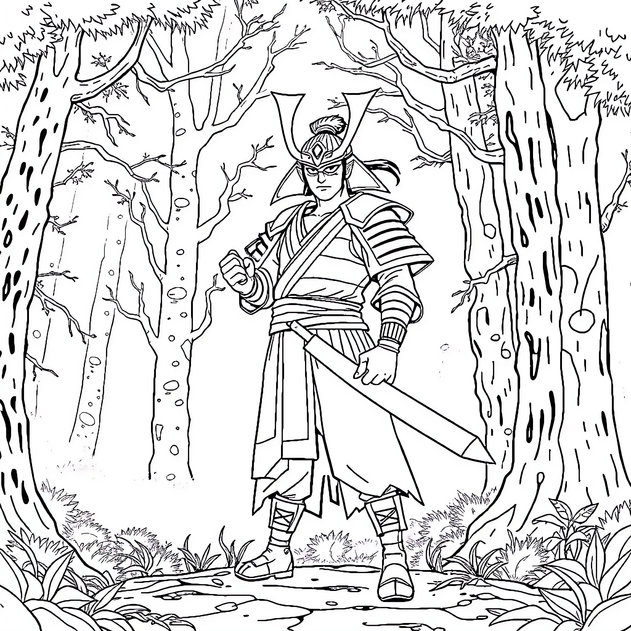 Samurai warrior in the serene forest Coloring Page (free black-and-white line drawing printable PDF for all, from beginners to advanced learners, including children, teens, adults, and seniors)
