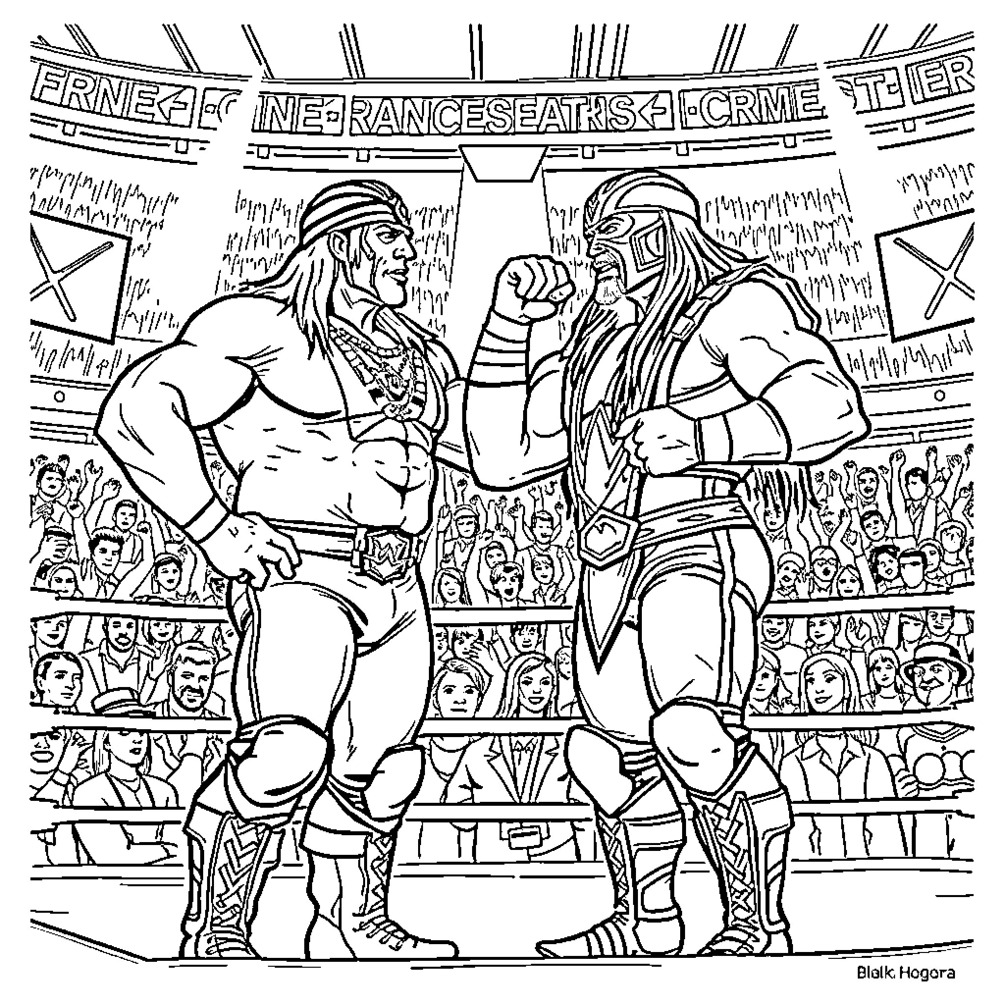 Wrestler confrontation in the arena Coloring Page (free black-and-white line drawing printable PDF for all, from beginners to advanced learners, including children, teens, adults, and seniors)