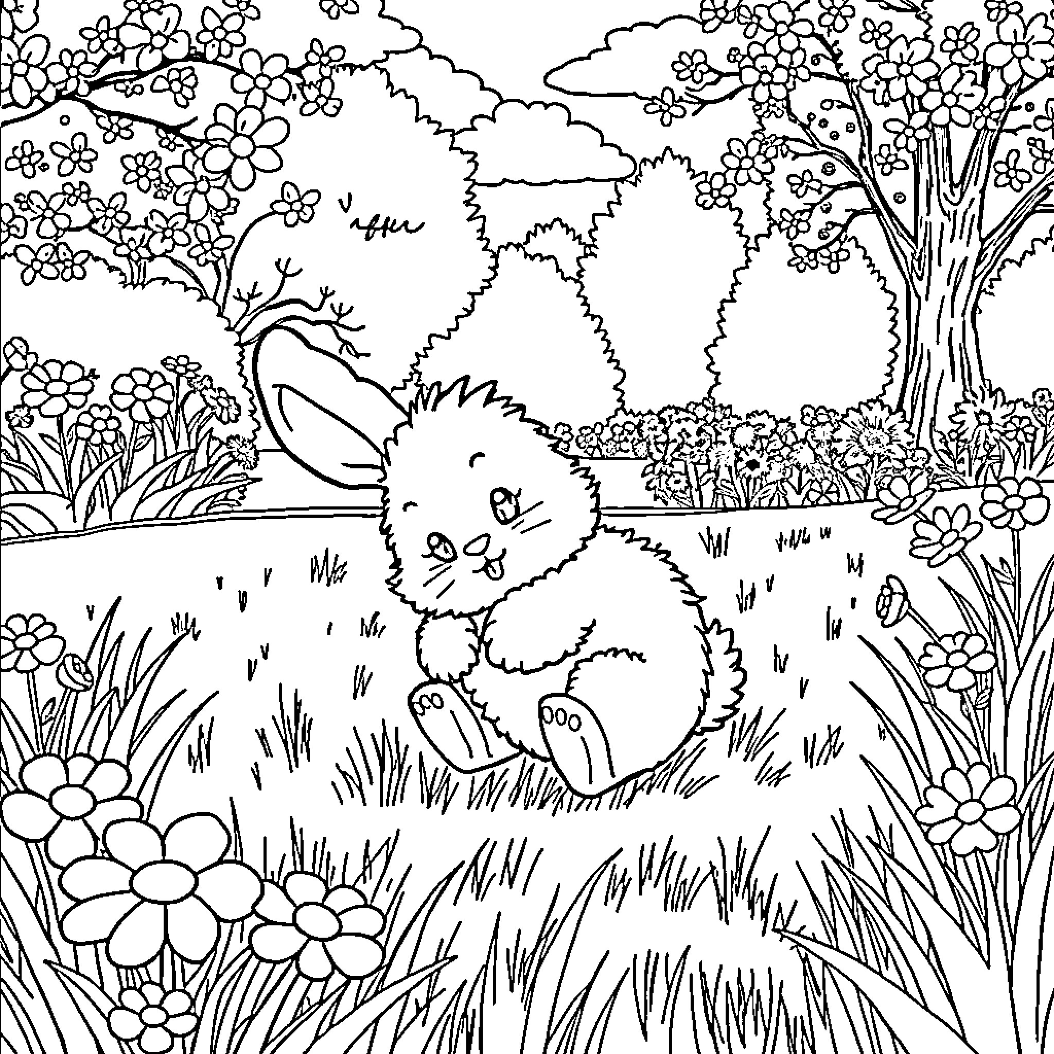 Bunny relaxing in the floral meadow Coloring Page (free black-and-white line drawing printable PDF for all, from beginners to advanced learners, including children, teens, adults, and seniors)