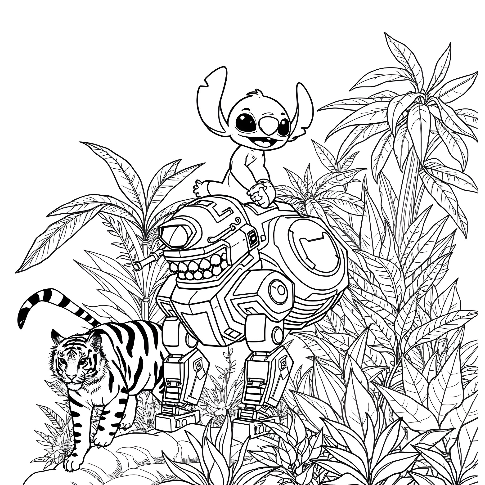 Stitch exploring a robotic jungle with a tiger Coloring Page (free black-and-white line drawing printable PDF for all, from beginners to advanced learners, including children, teens, adults, and seniors)
