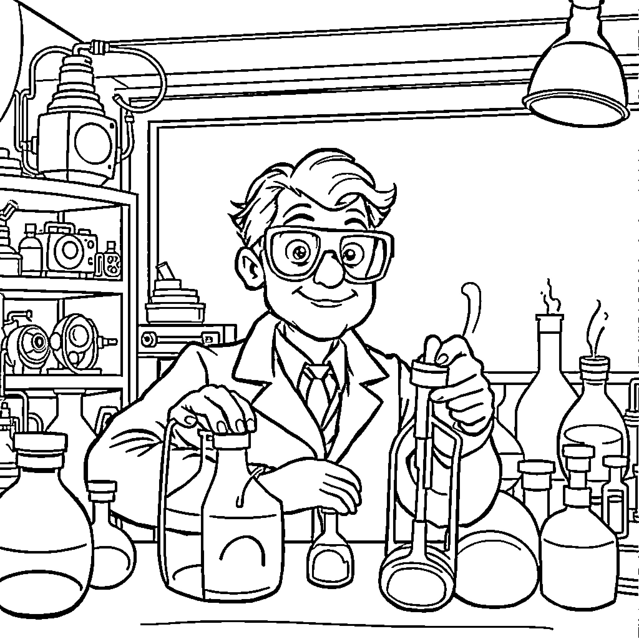 Professor Conducting Experiments in Laboratory Coloring Page (free black-and-white line drawing printable PDF for all, from beginners to advanced learners, including children, teens, adults, and seniors)