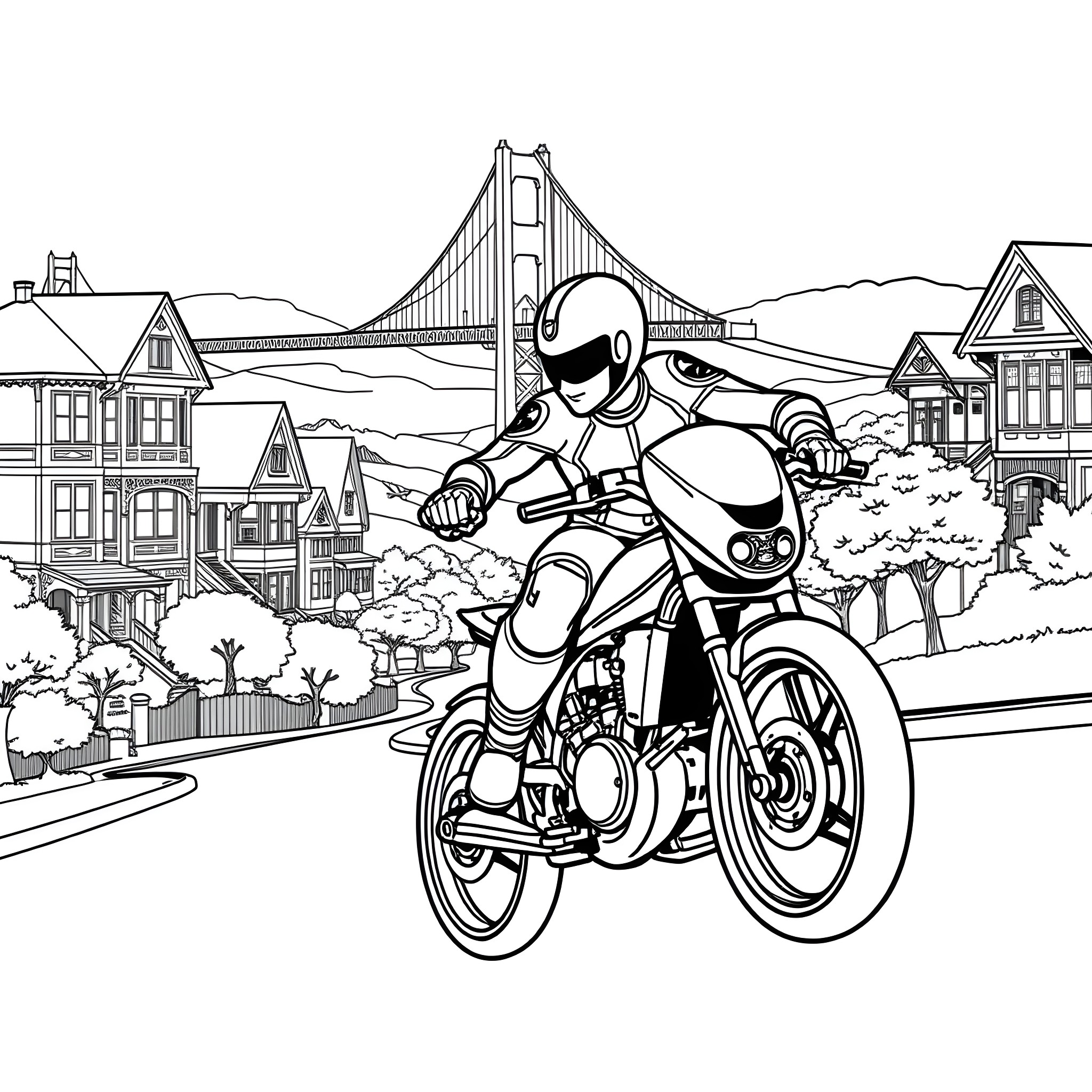 Megaman Riding a Motorcycle through the City Coloring Page (free black-and-white line drawing printable PDF for all, from beginners to advanced learners, including children, teens, adults, and seniors)