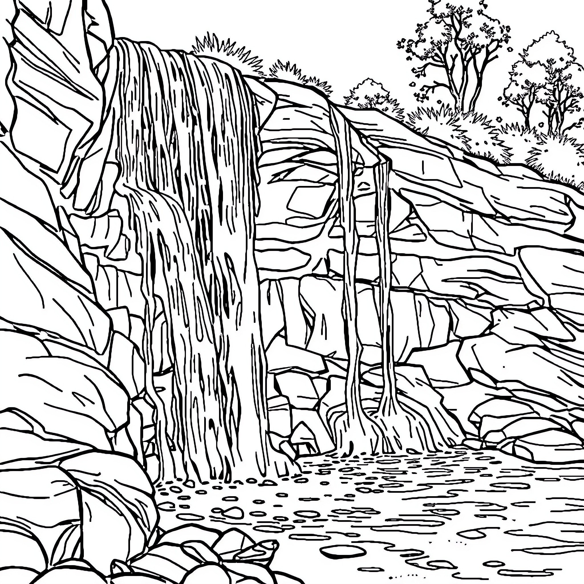 Waterfall cascading over rocky cliffs in lush forest Coloring Page (free black-and-white line drawing printable PDF for all, from beginners to advanced learners, including children, teens, adults, and seniors)