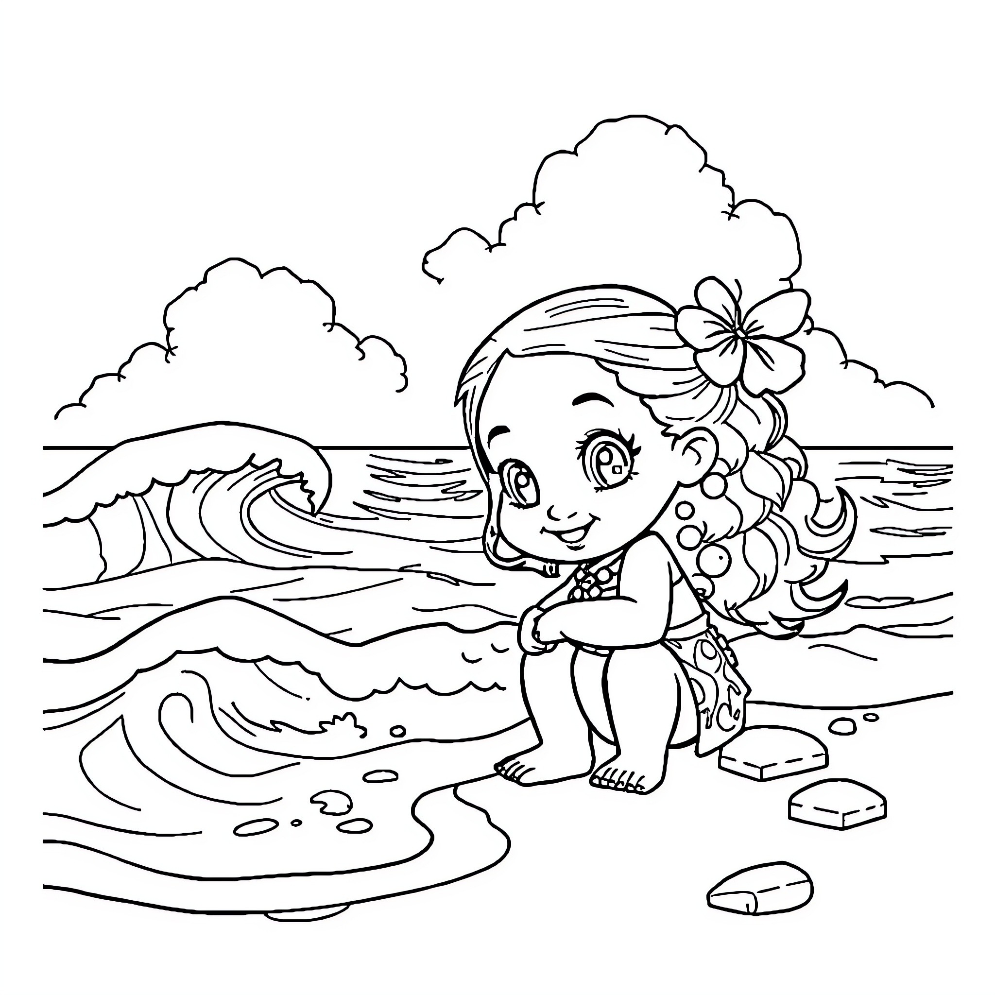 Moana playing by the ocean waves Coloring Page (free black-and-white line drawing printable PDF for all, from beginners to advanced learners, including children, teens, adults, and seniors)