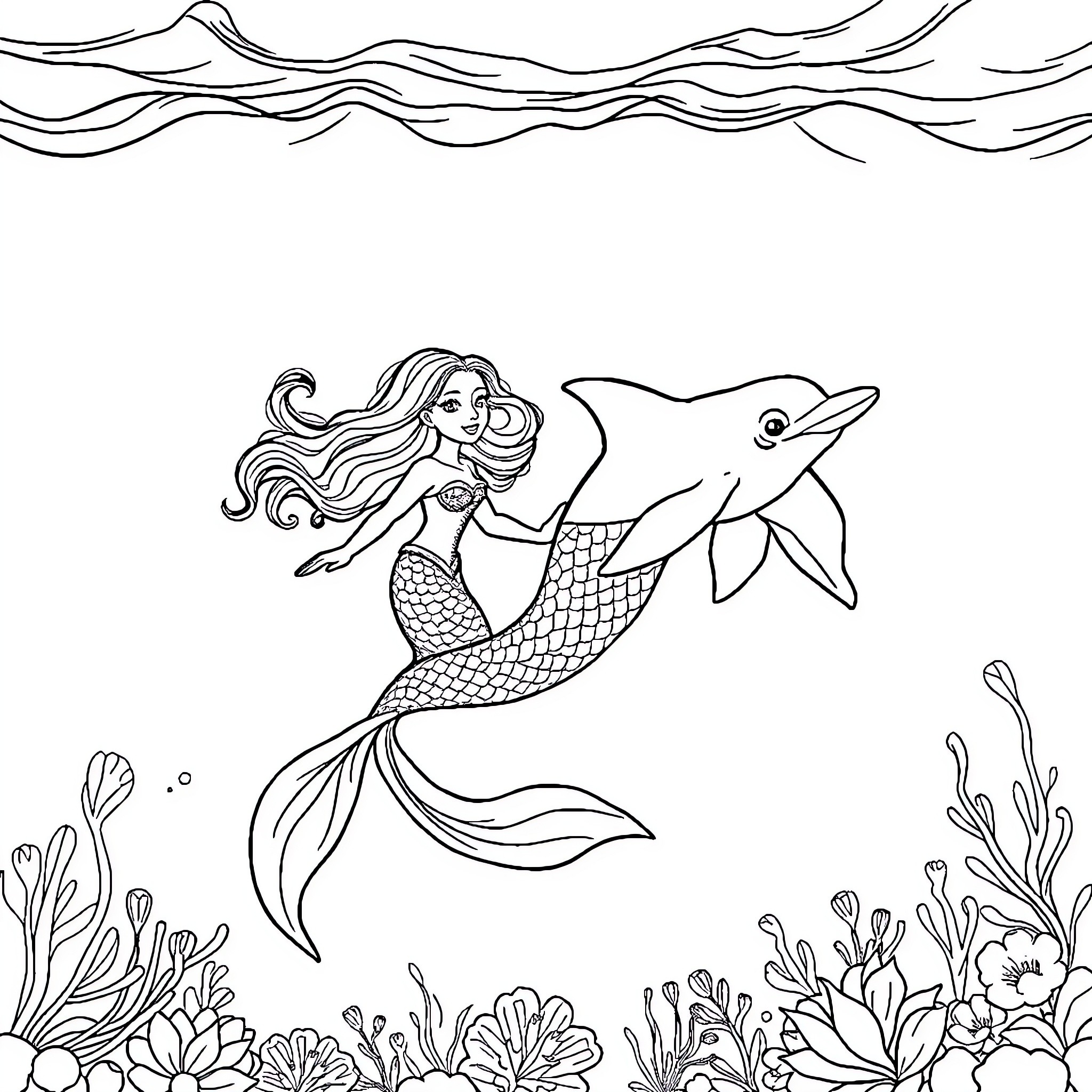 Mermaid swimming with a dolphin in the ocean Coloring Page (free black-and-white line drawing printable PDF for all, from beginners to advanced learners, including children, teens, adults, and seniors)