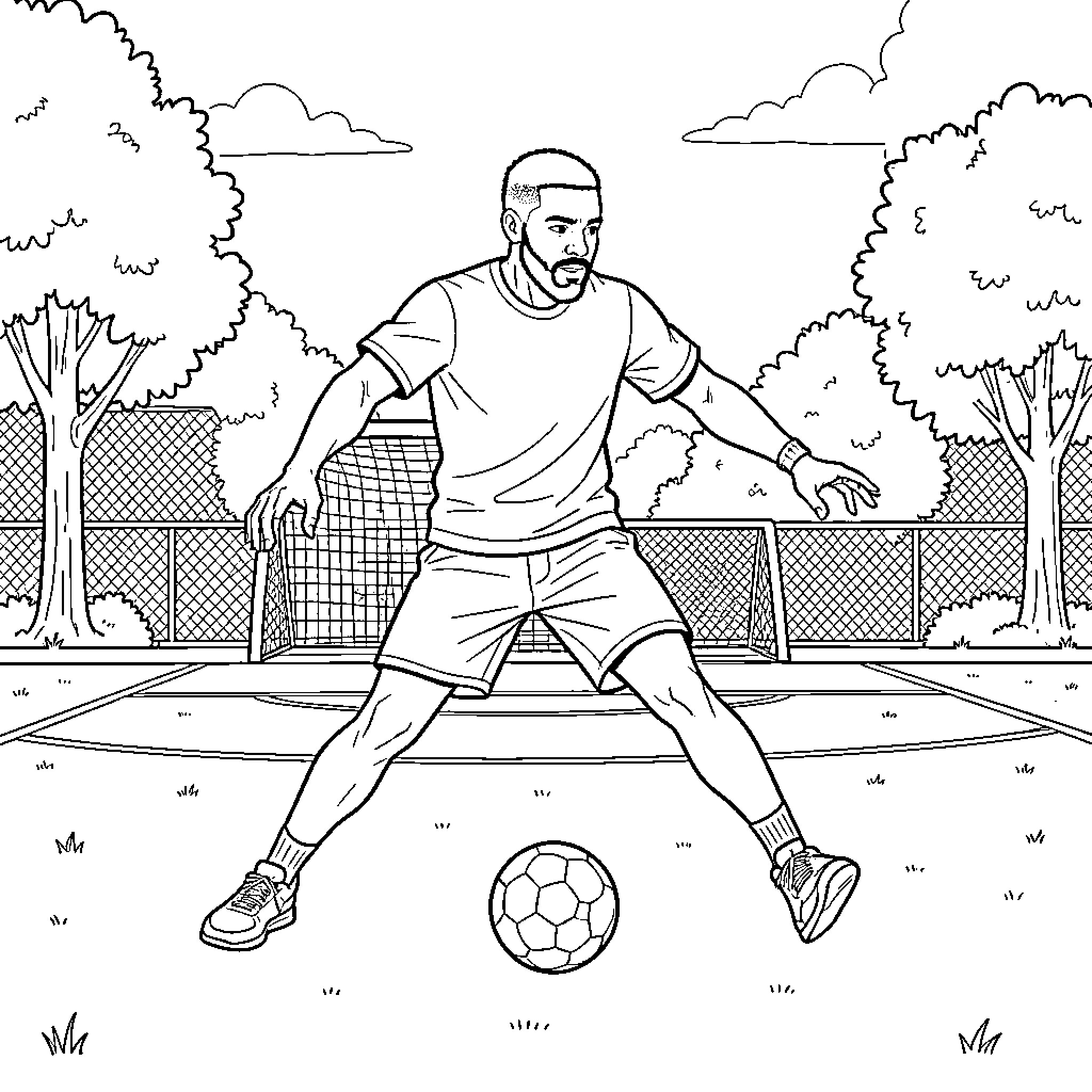Rapper playing soccer on an outdoor court Coloring Page (free black-and-white line drawing printable PDF for all, from beginners to advanced learners, including children, teens, adults, and seniors)