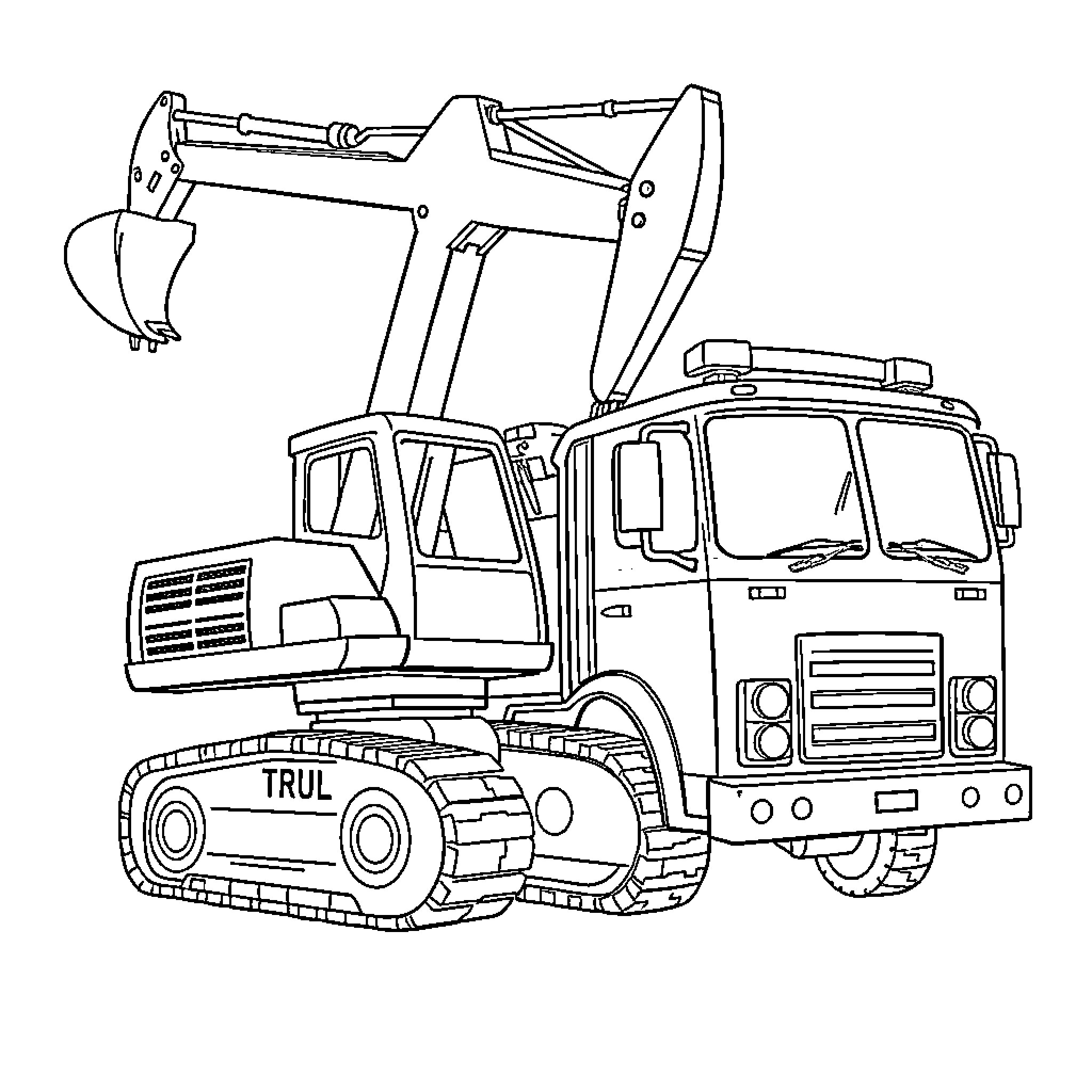 Excavator machinery performing construction work Coloring Page (free black-and-white line drawing printable PDF for all, from beginners to advanced learners, including children, teens, adults, and seniors)