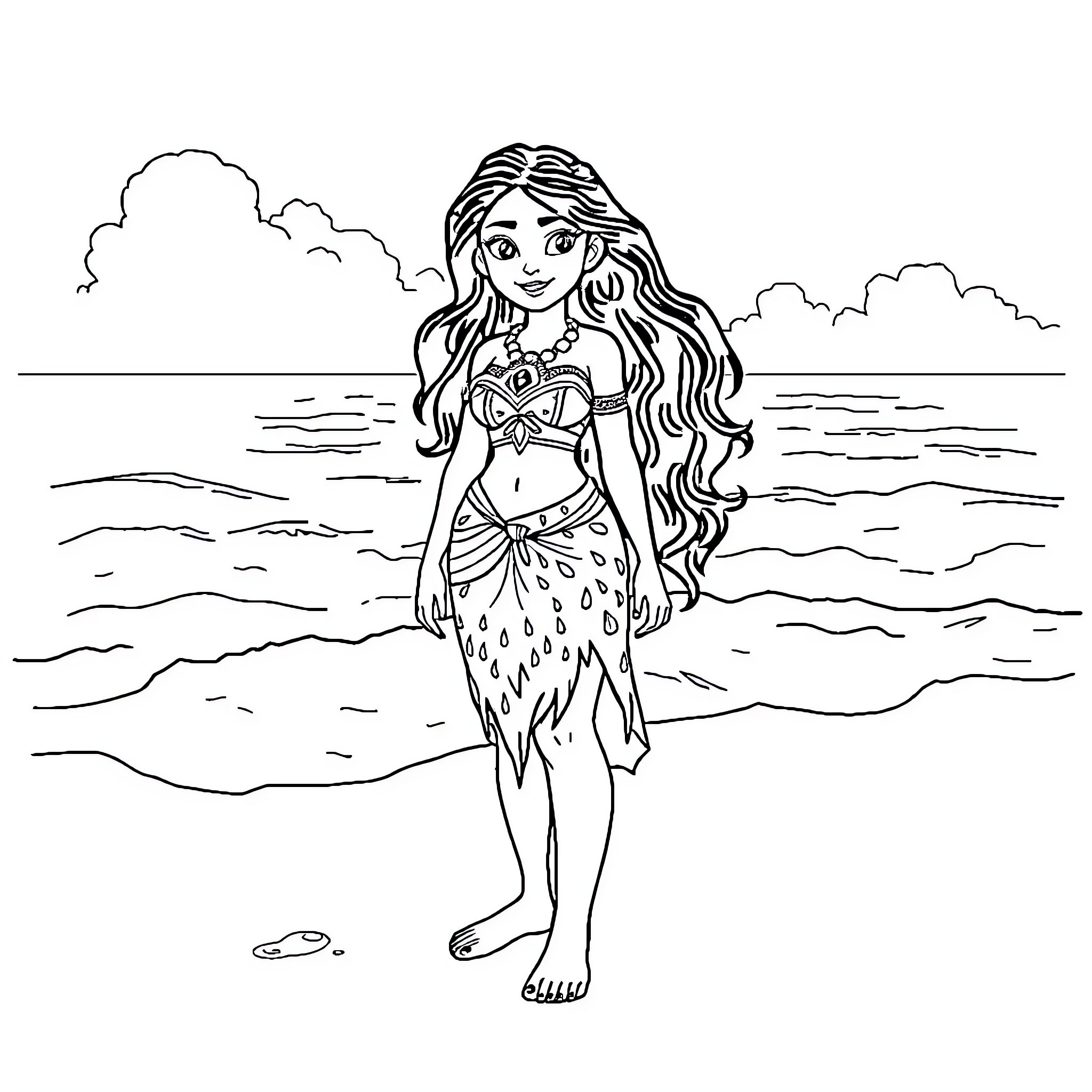 Vaiana exploring the ocean shore Coloring Page (free black-and-white line drawing printable PDF for all, from beginners to advanced learners, including children, teens, adults, and seniors)