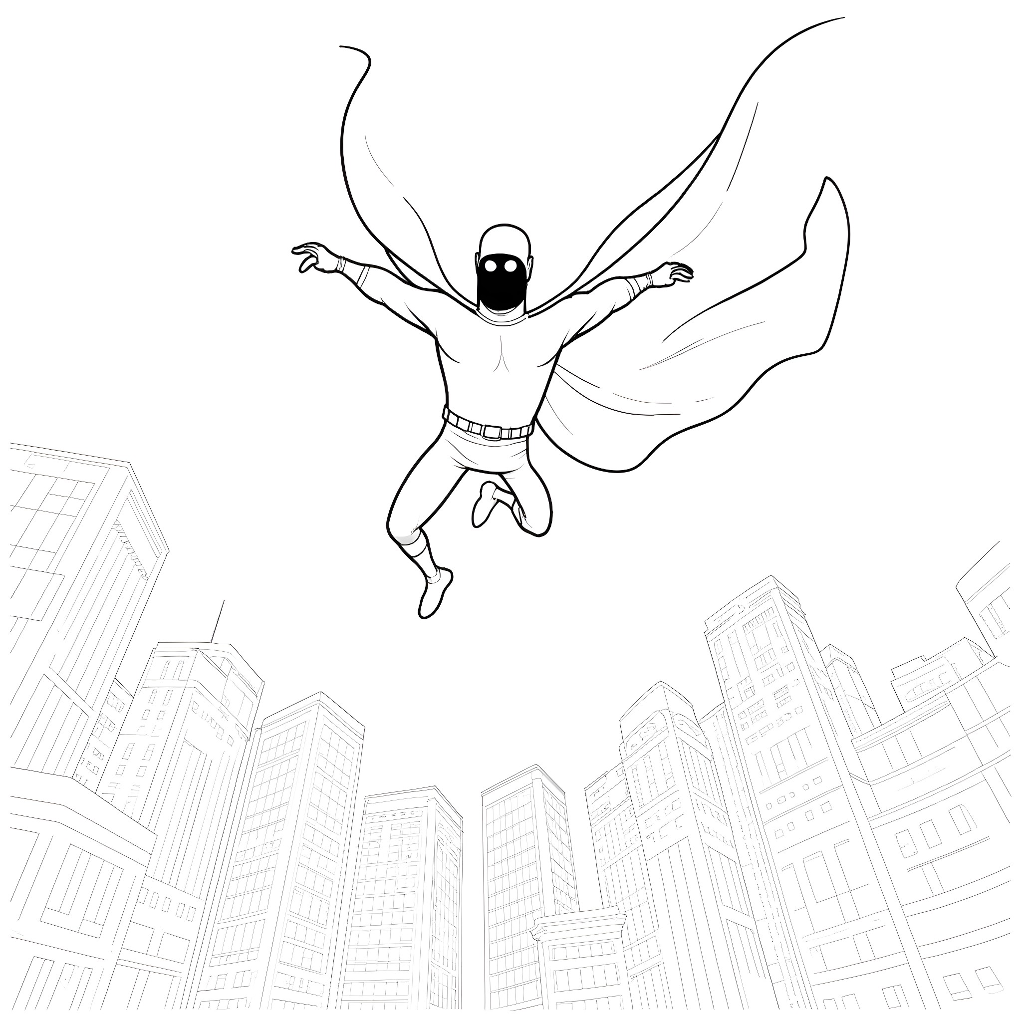 Ghost superhero soaring above the city skyline Coloring Page (free black-and-white line drawing printable PDF for all, from beginners to advanced learners, including children, teens, adults, and seniors)