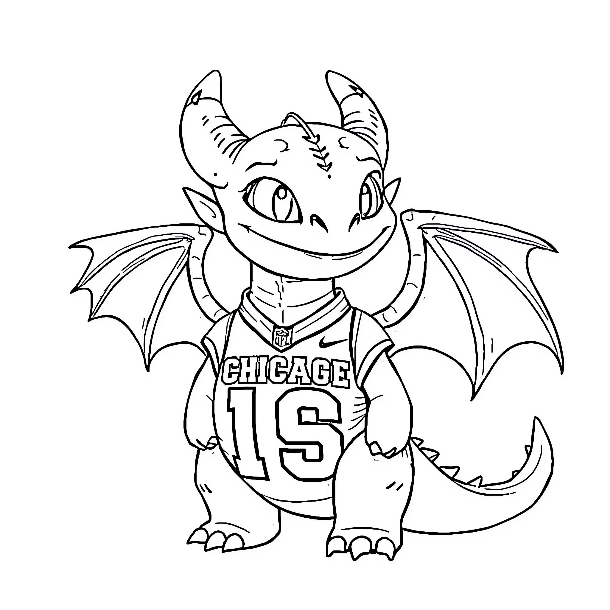 Toothless dragon in Chicago sports jersey Coloring Page (free black-and-white line drawing printable PDF for all, from beginners to advanced learners, including children, teens, adults, and seniors)