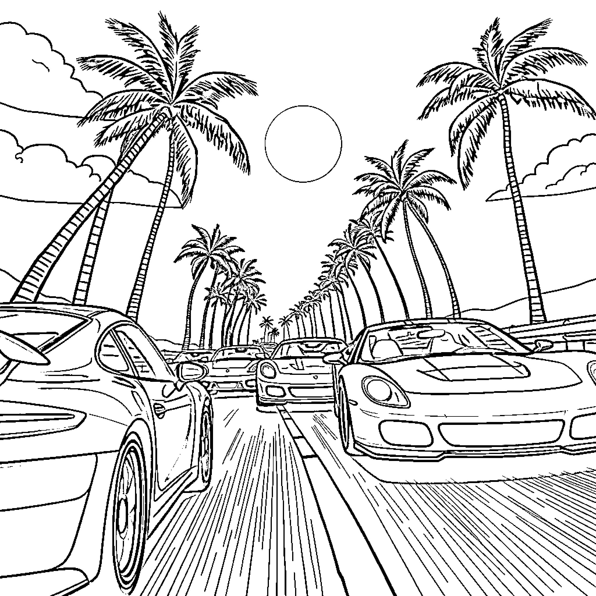 Cars driving on tropical road with palm trees Coloring Page (free black-and-white line drawing printable PDF for all, from beginners to advanced learners, including children, teens, adults, and seniors)