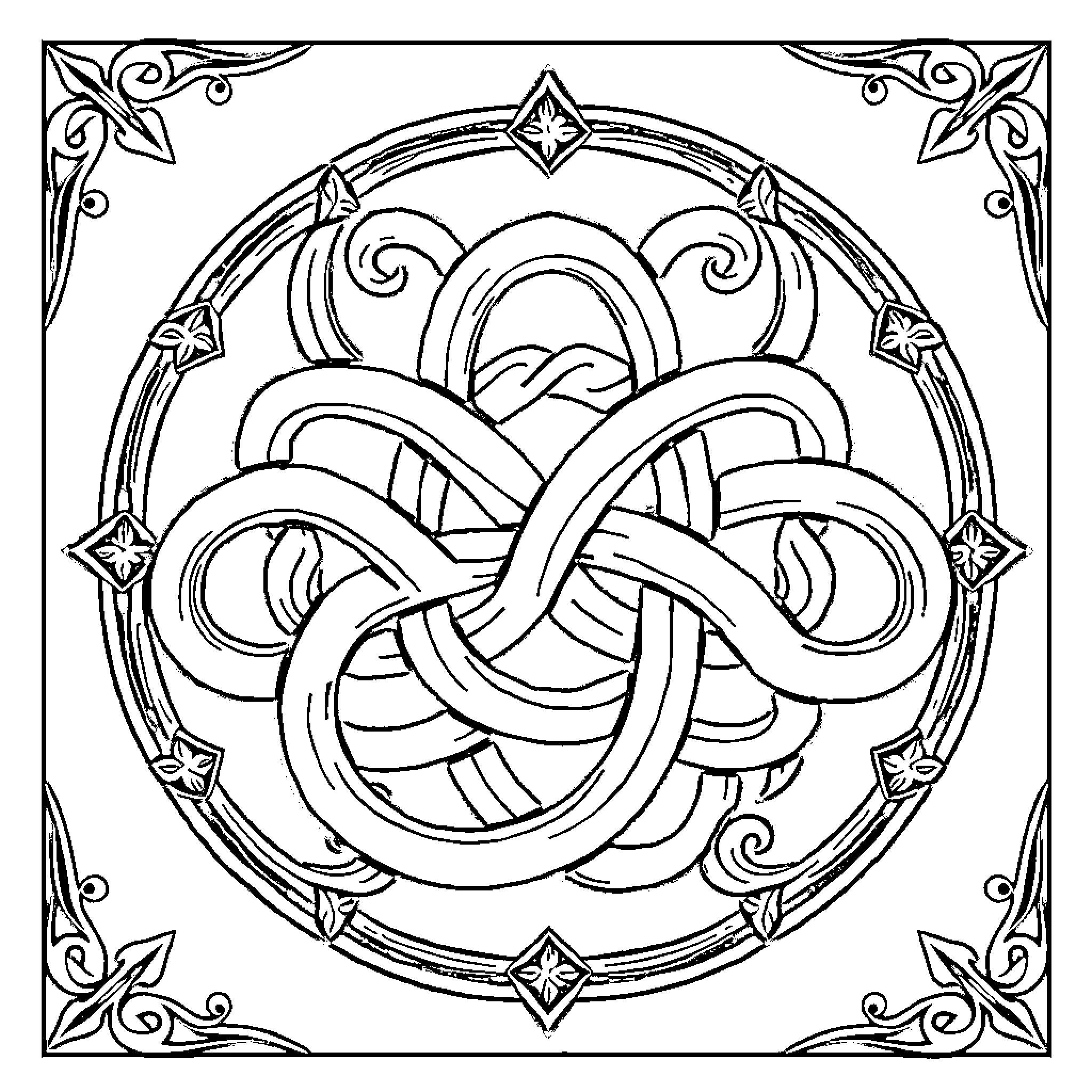 Celtic Knot Intricate Circular Pattern Design Coloring Page (free black-and-white line drawing printable PDF for all, from beginners to advanced learners, including children, teens, adults, and seniors)