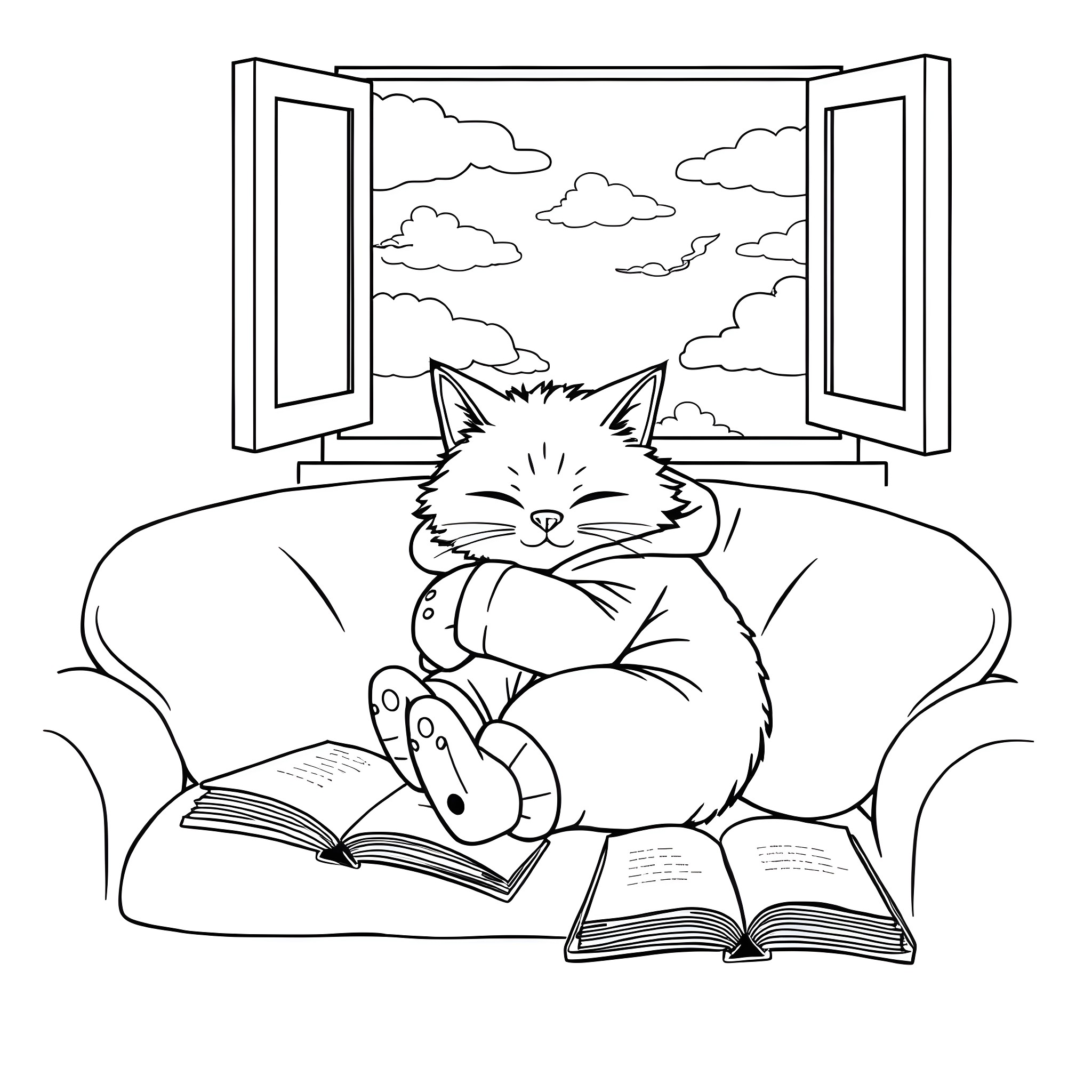Cat reading books by the window Coloring Page (free black-and-white line drawing printable PDF for all, from beginners to advanced learners, including children, teens, adults, and seniors)