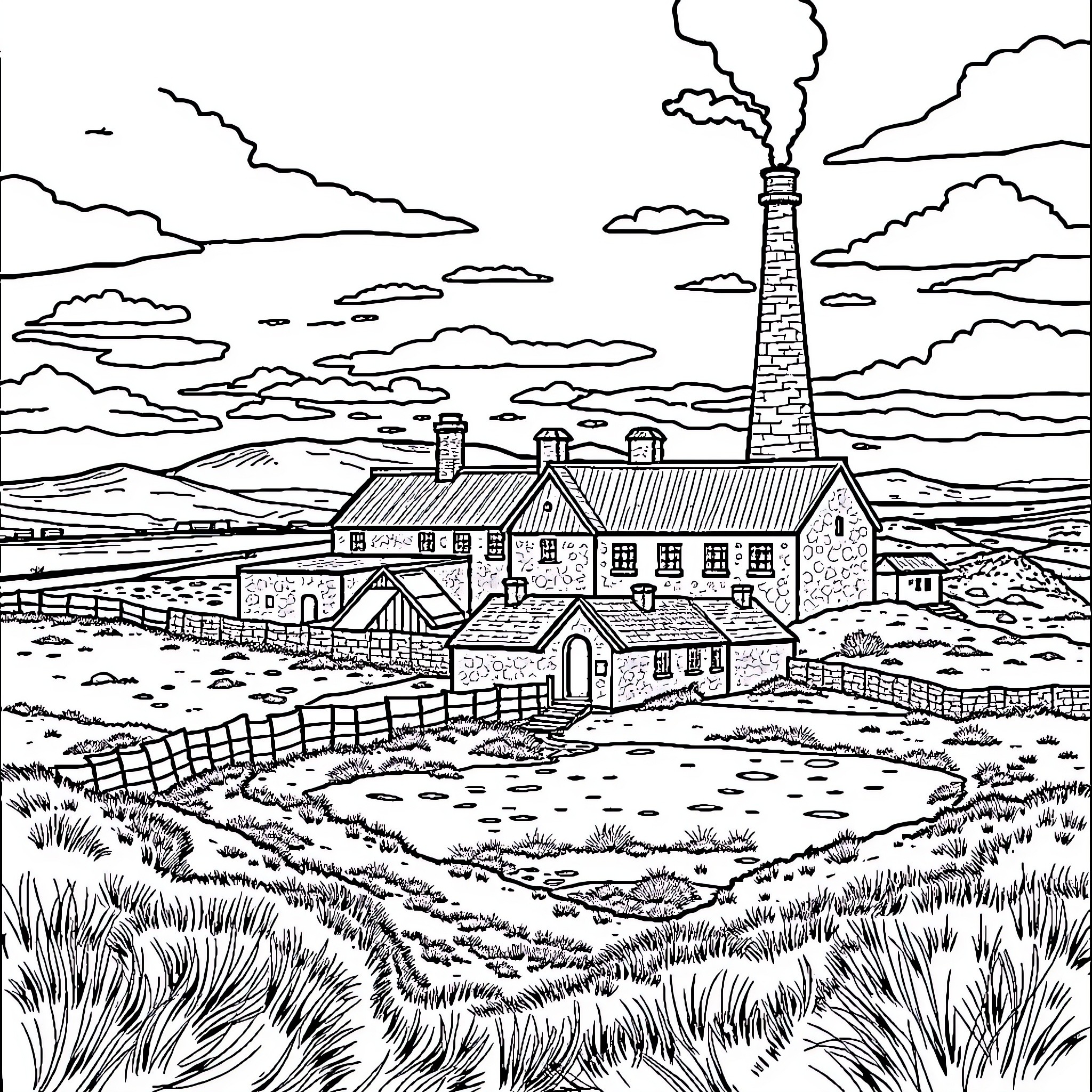 Islay Mag: Scenic Lighthouse and Coastal Landscape Coloring Page (free black-and-white line drawing printable PDF for all, from beginners to advanced learners, including children, teens, adults, and seniors)