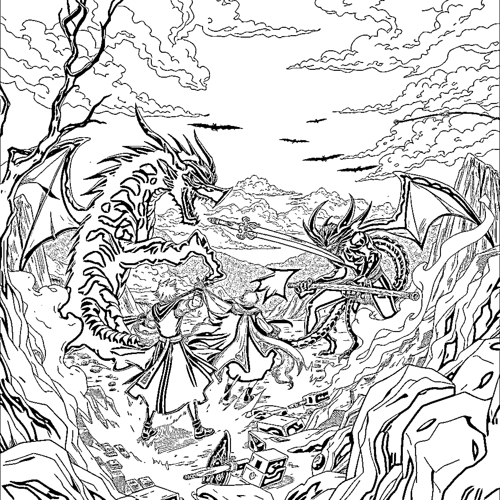 Kimetsu no Yaiba: Protagonist's Confrontation with Formidable Foe Coloring Page (free black-and-white line drawing printable PDF for all, from beginners to advanced learners, including children, teens, adults, and seniors)