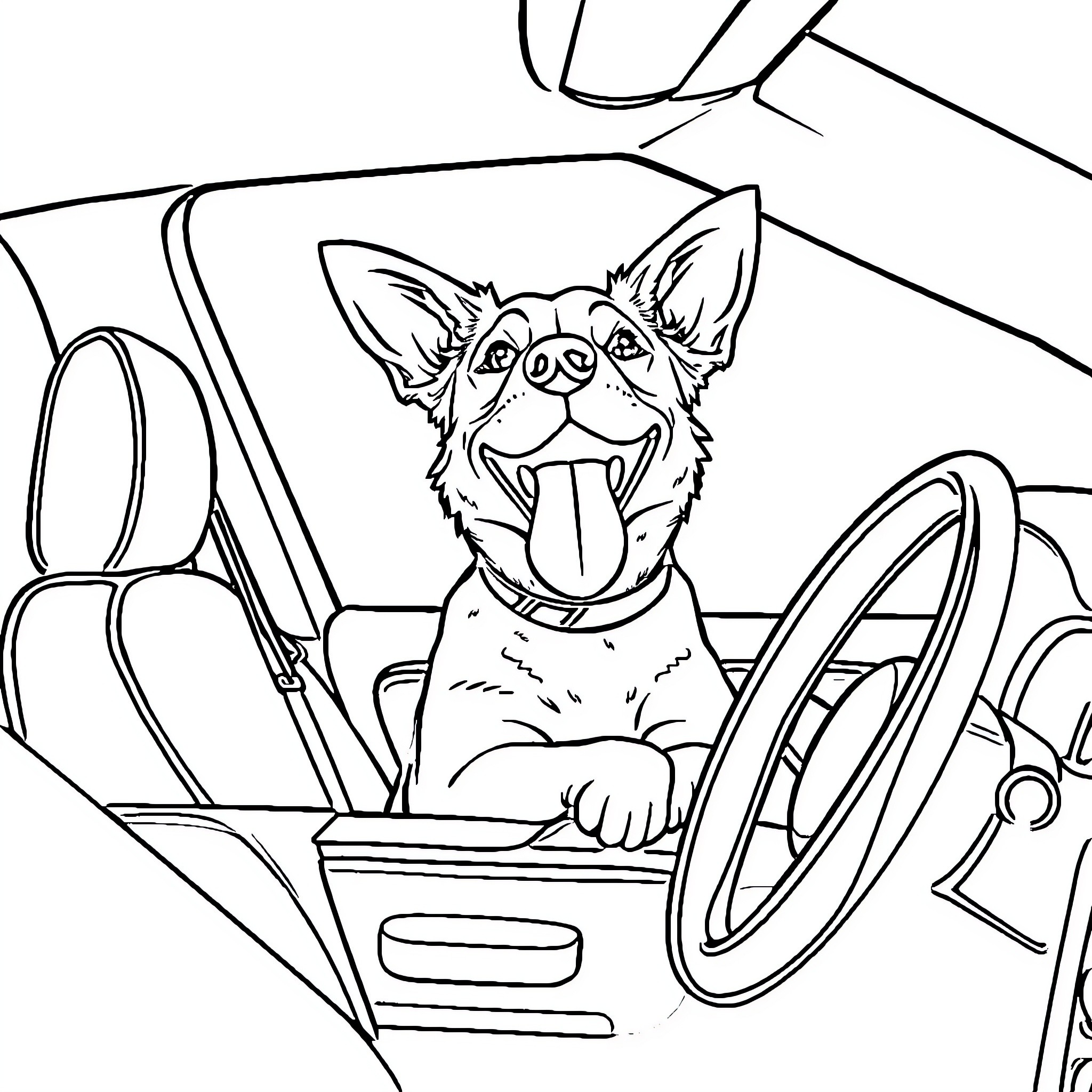 Dog enjoying a joyride in the car Coloring Page (free black-and-white line drawing printable PDF for all, from beginners to advanced learners, including children, teens, adults, and seniors)