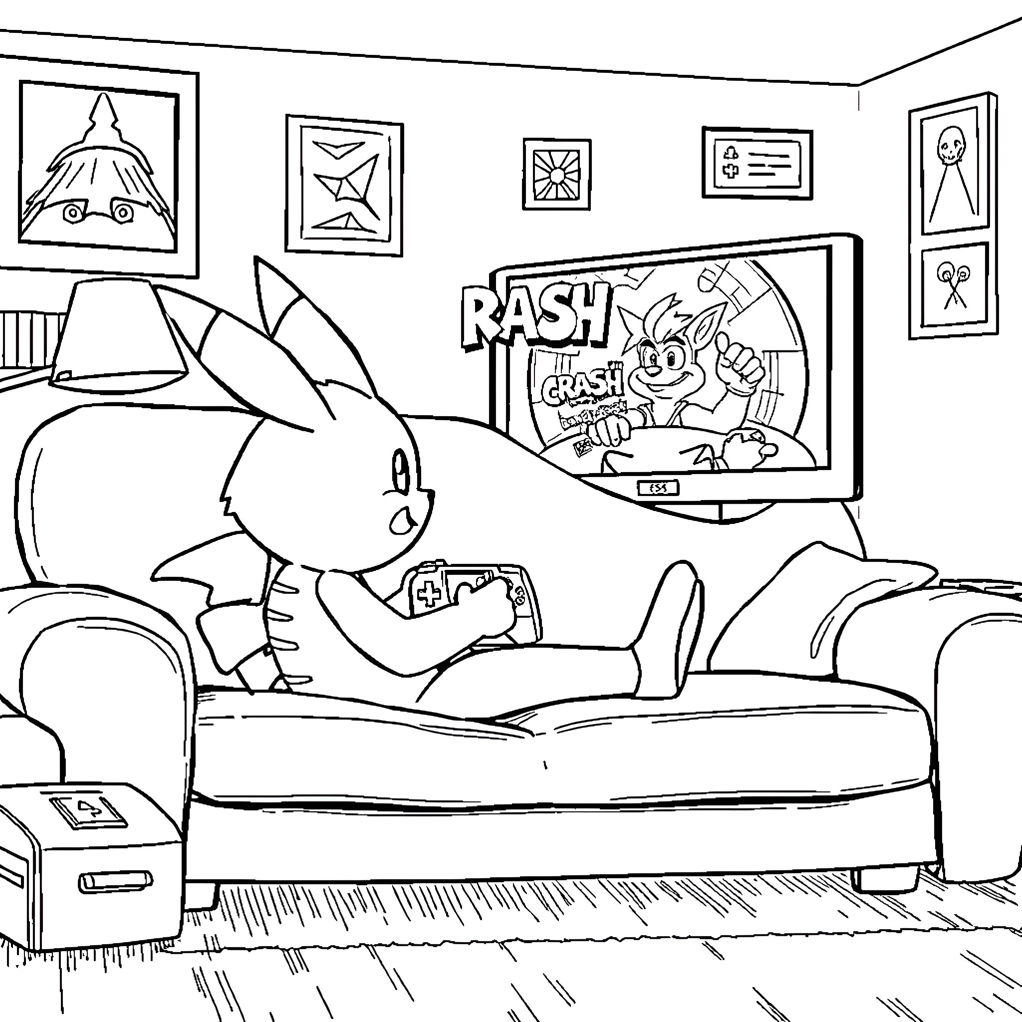 Ash Ketchum enjoying a game on the TV Coloring Page (free black-and-white line drawing printable PDF for all, from beginners to advanced learners, including children, teens, adults, and seniors)
