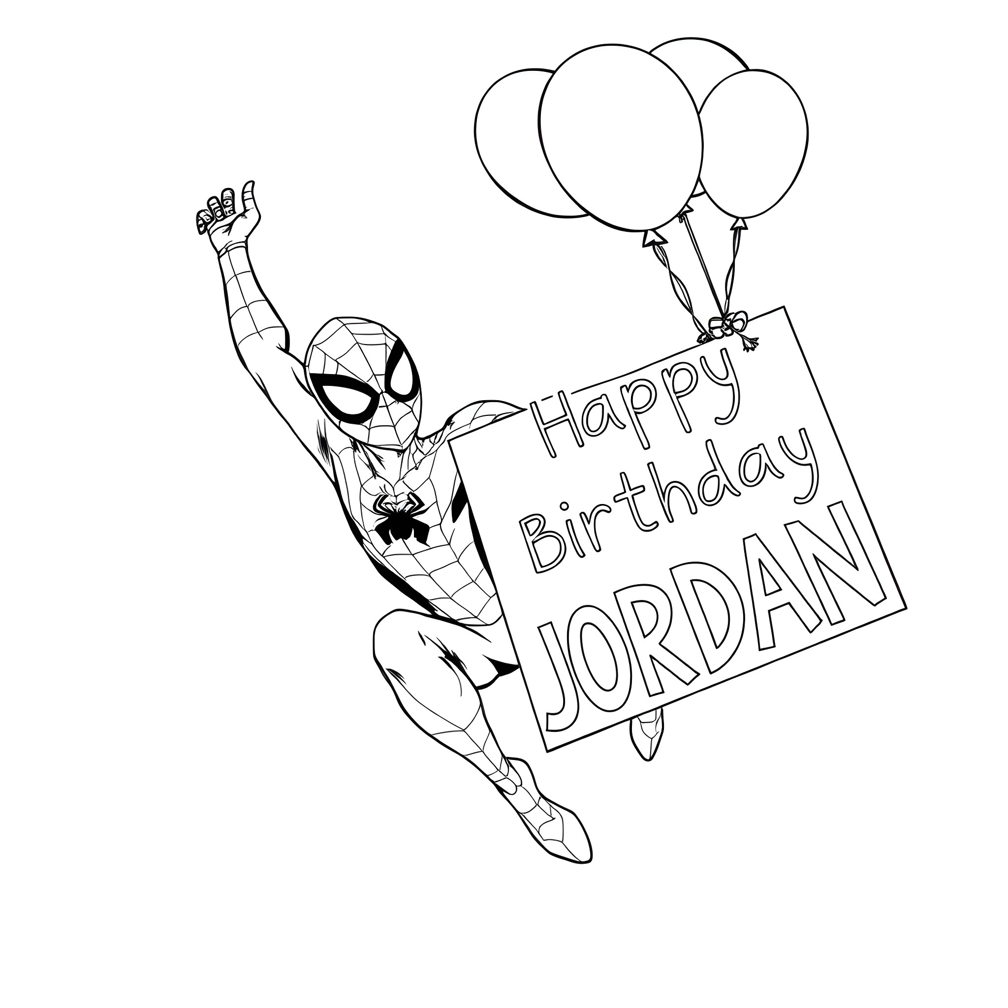 Spider-Man celebrates birthday with balloons Coloring Page (free black-and-white line drawing printable PDF for all, from beginners to advanced learners, including children, teens, adults, and seniors)