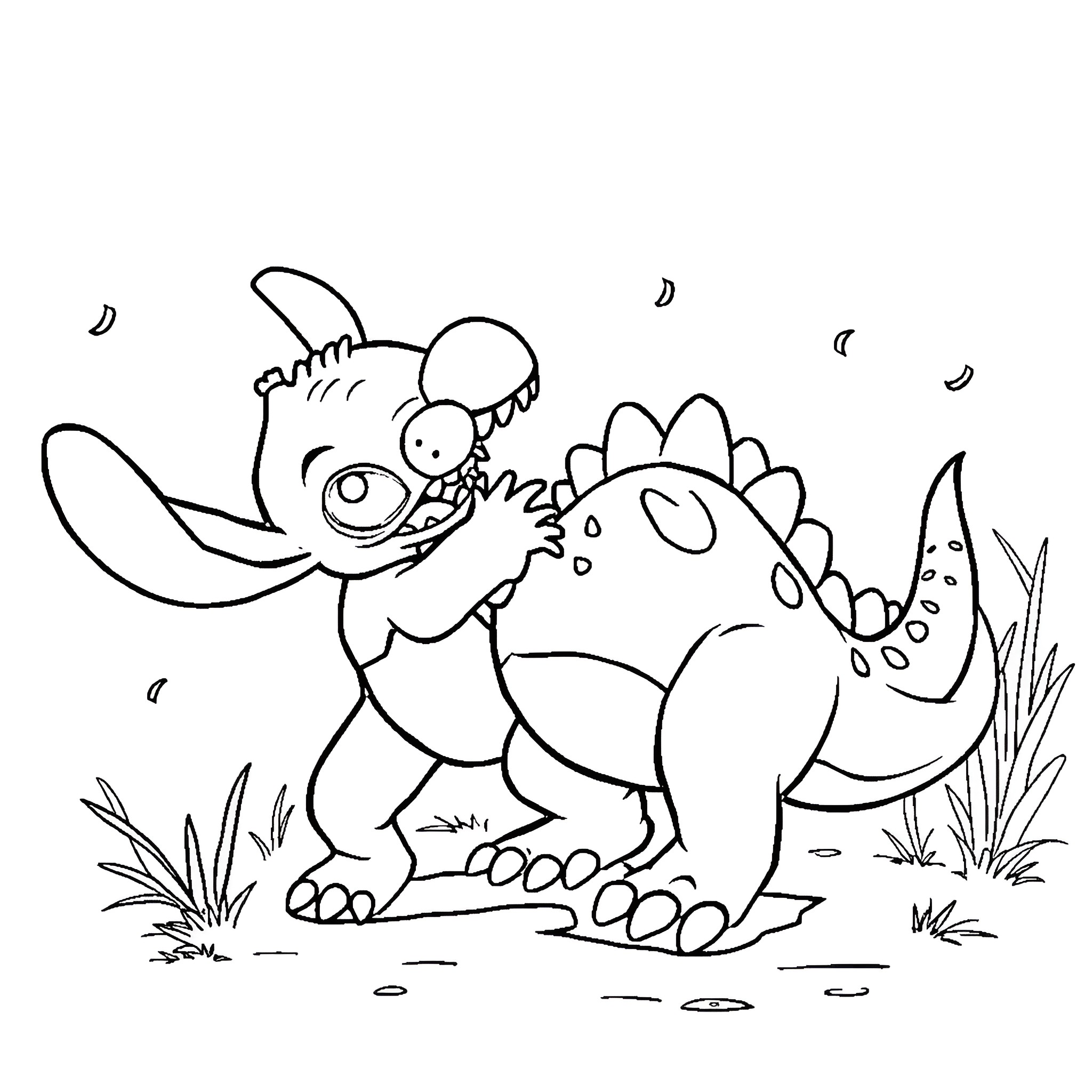 Dinosaurs playing together in nature Coloring Page (free black-and-white line drawing printable PDF for all, from beginners to advanced learners, including children, teens, adults, and seniors)