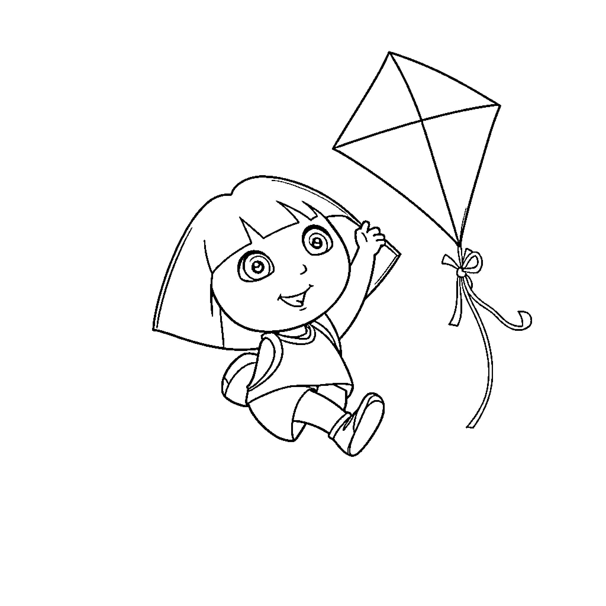 Dora flying a kite joyfully Coloring Page (free black-and-white line drawing printable PDF for all, from beginners to advanced learners, including children, teens, adults, and seniors)