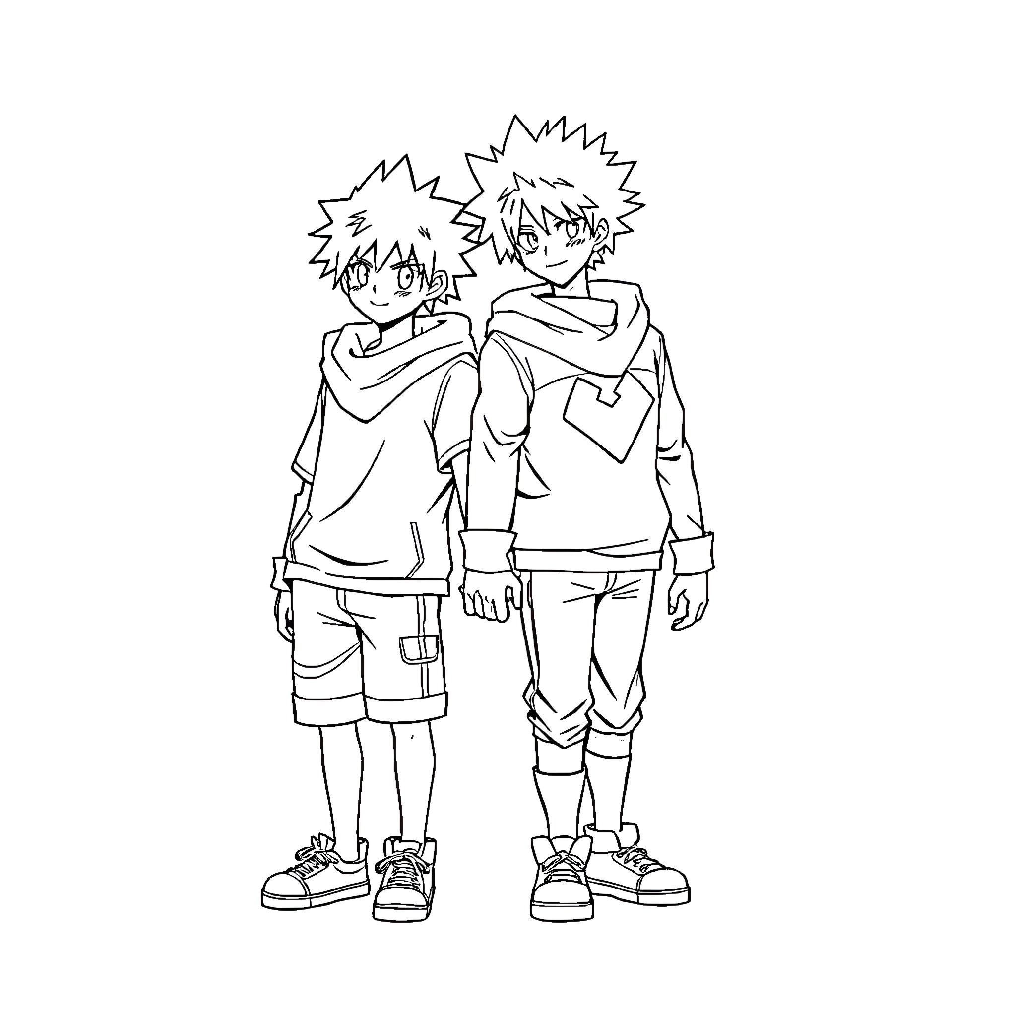 Bakugo and friend in casual attire Coloring Page (free black-and-white line drawing printable PDF for all, from beginners to advanced learners, including children, teens, adults, and seniors)